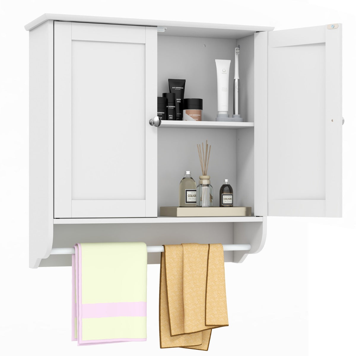 LIVSK 2-deurs wandkast - Verstelbare Plank - Handdoekhouder - Grote Opbergruimte - Modern Design - 60 x 21 x 61 cm - Wit