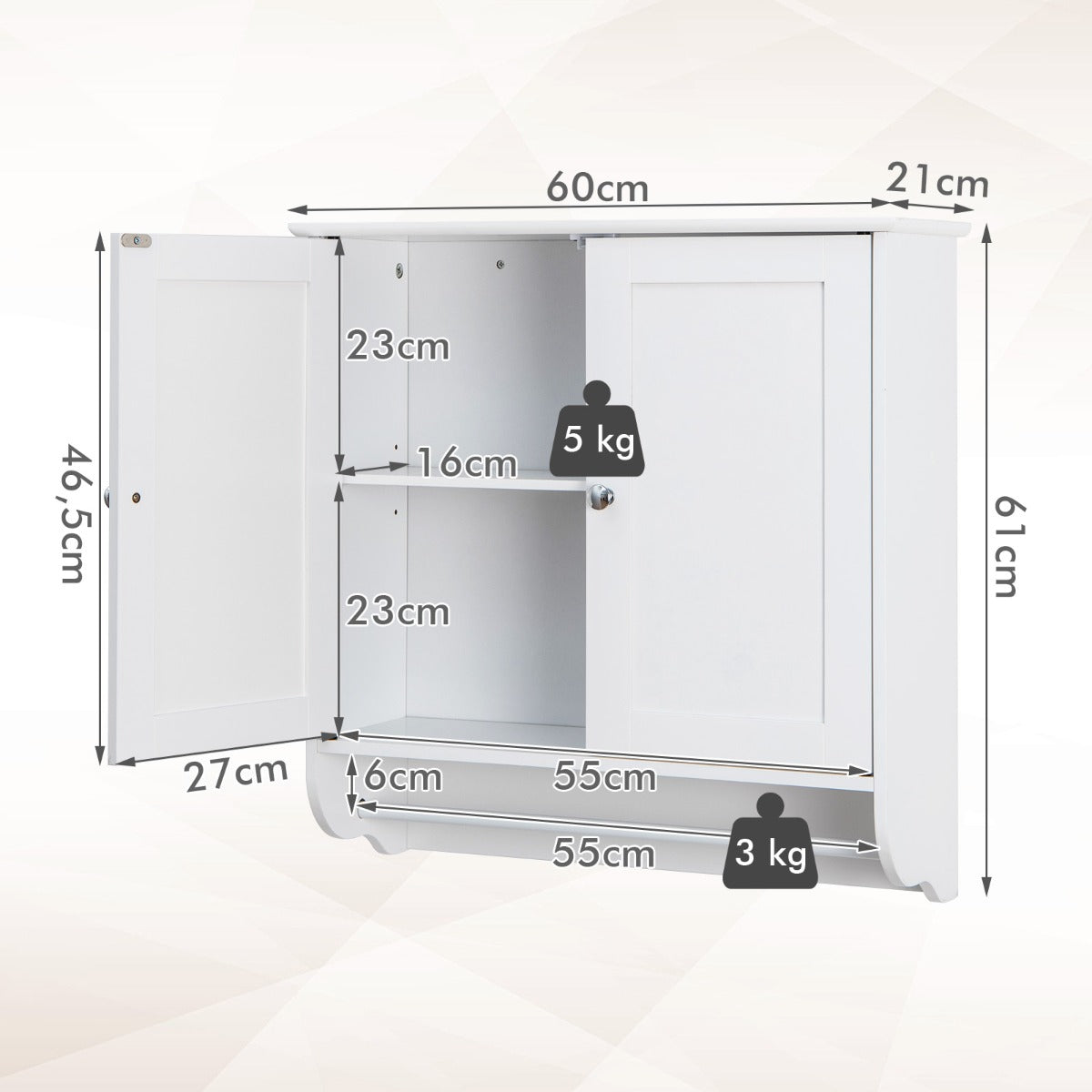 LIVSK 2-deurs wandkast - Verstelbare Plank - Handdoekhouder - Grote Opbergruimte - Modern Design - 60 x 21 x 61 cm - Wit