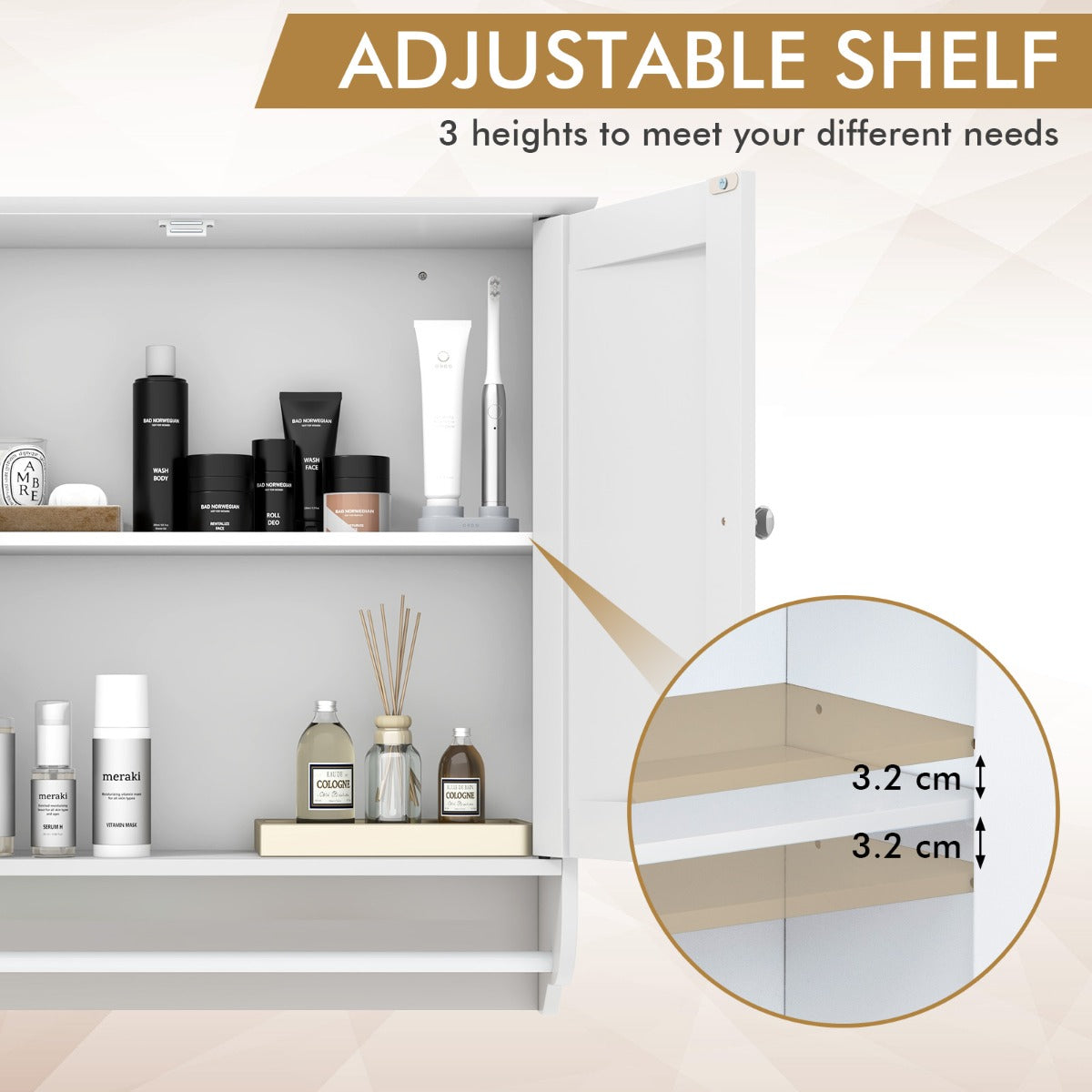 LIVSK 2-deurs wandkast - Verstelbare Plank - Handdoekhouder - Grote Opbergruimte - Modern Design - 60 x 21 x 61 cm - Wit