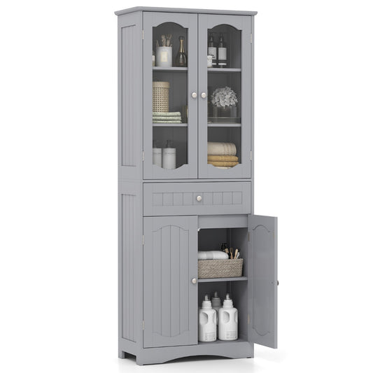 LIVSK Hoge Badkamerkast - Vrijstaand met 2 Deuren van Geharde Glas - 2 Verstelbare Planken - Grote Lade - 60 x 30 x 160 cm - Grijs