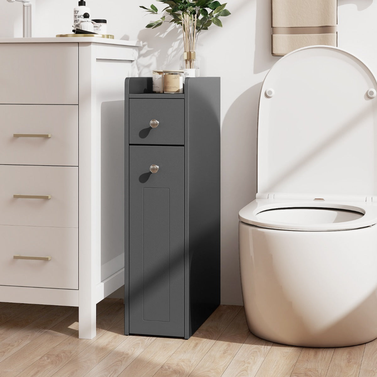 Livsk costway badkameropbergkast smalle kast met 4 niveaus voor naast het toilet met uitschuifbare lades op wieltjes grijs 6
