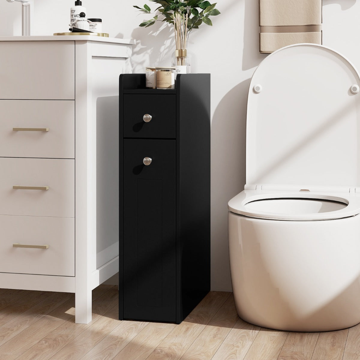 Livsk costway badkameropbergkast smalle kast met 4 niveaus voor naast het toilet met uitschuifbare lades op wieltjes zwart 6