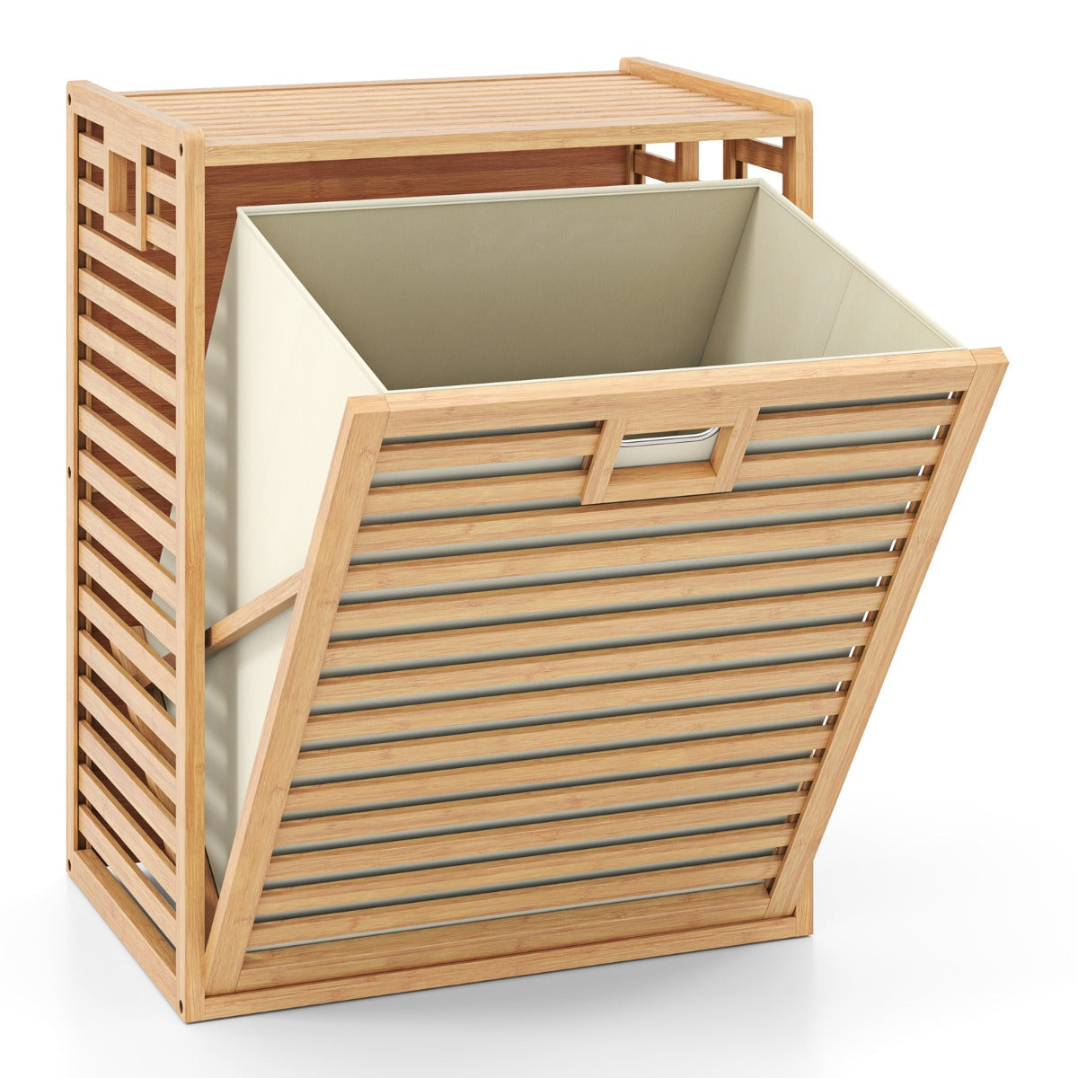 Livsk costway badkamerrek met wasmand 68 l bamboe rek met plank en uitklapbare mand van stof wasverzamelaar voor badkamer bijkeuken natuur 1 1