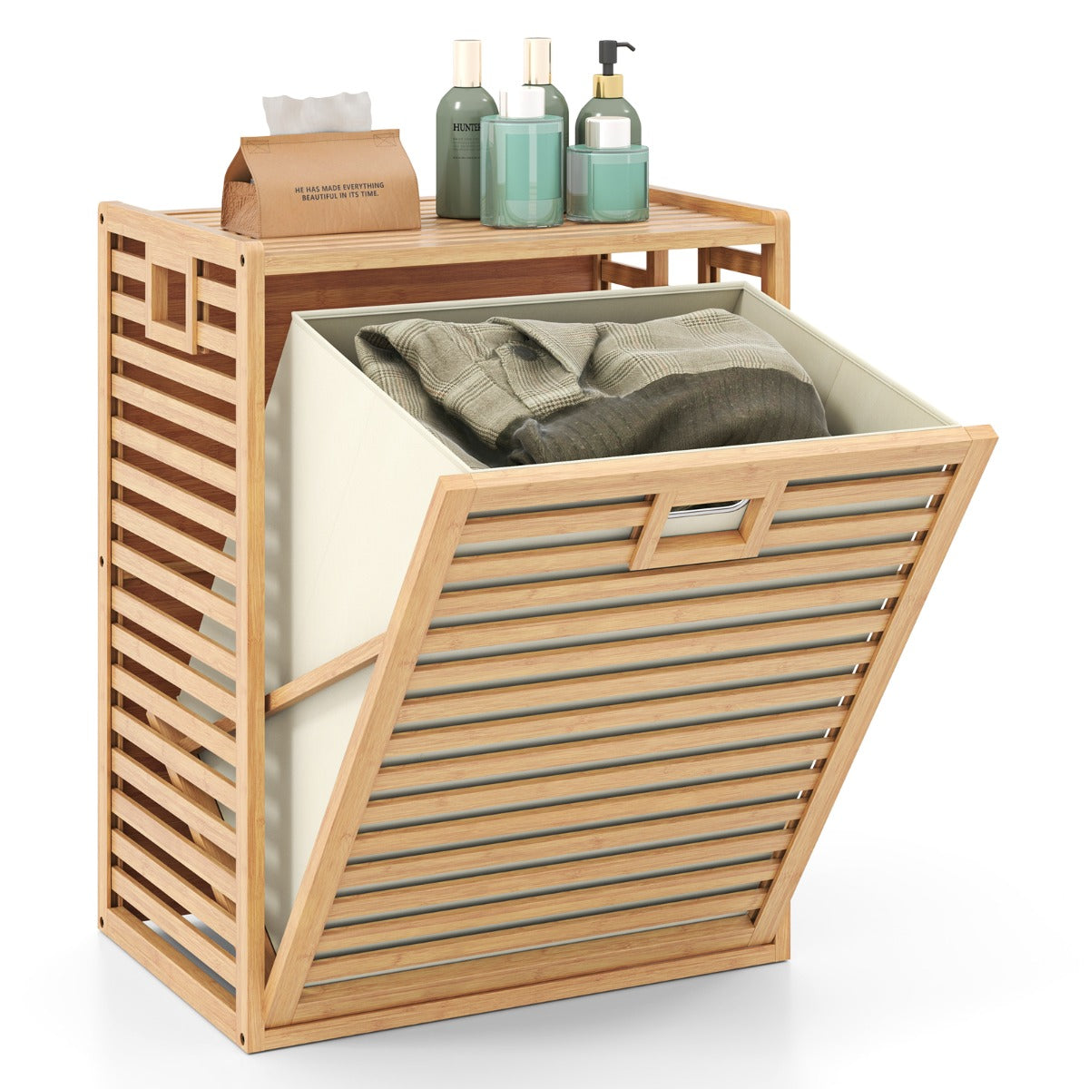 Livsk costway badkamerrek met wasmand 68 l bamboe rek met plank en uitklapbare mand van stof wasverzamelaar voor badkamer bijkeuken natuur