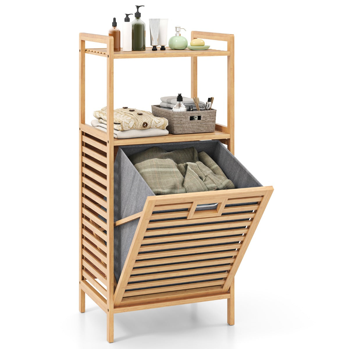 LIVSK Uitklapbare Wasmand met Bamboe Plank - 2 Opbergruimtes - Uitneembare Binnenmand - Voor Badkamer - 43,5 x 33 x 96 cm -