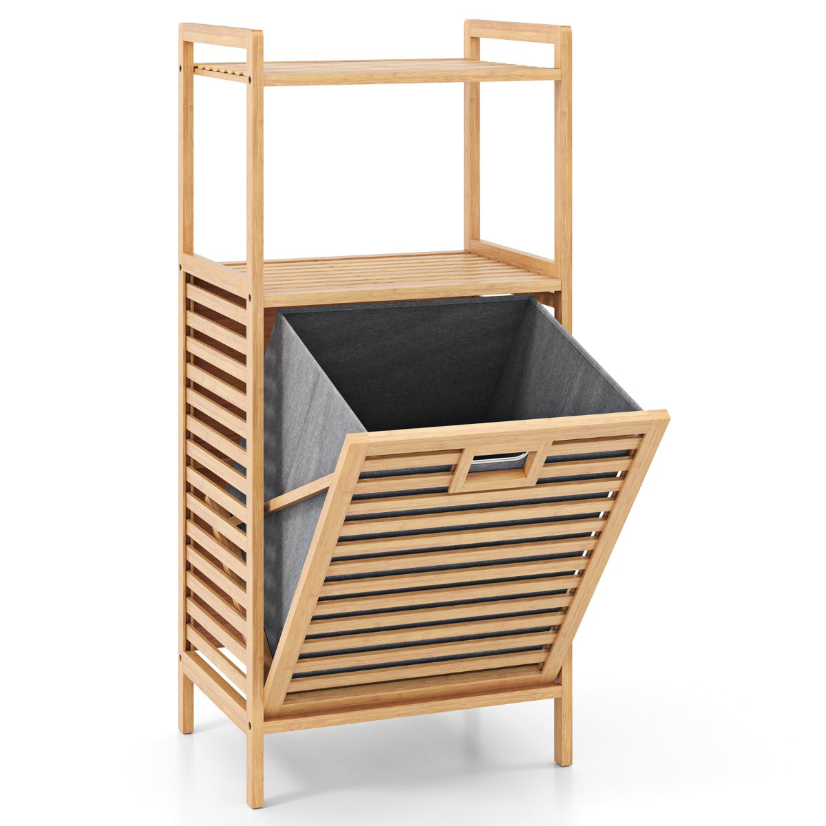 LIVSK Uitklapbare Wasmand met Bamboe Plank - 2 Opbergruimtes - Uitneembare Binnenmand - Voor Badkamer - 43,5 x 33 x 96 cm -