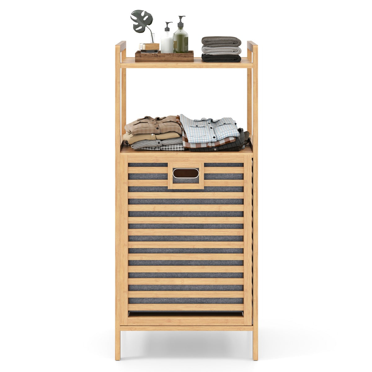 LIVSK Uitklapbare Wasmand met Bamboe Plank - 2 Opbergruimtes - Uitneembare Binnenmand - Voor Badkamer - 43,5 x 33 x 96 cm -