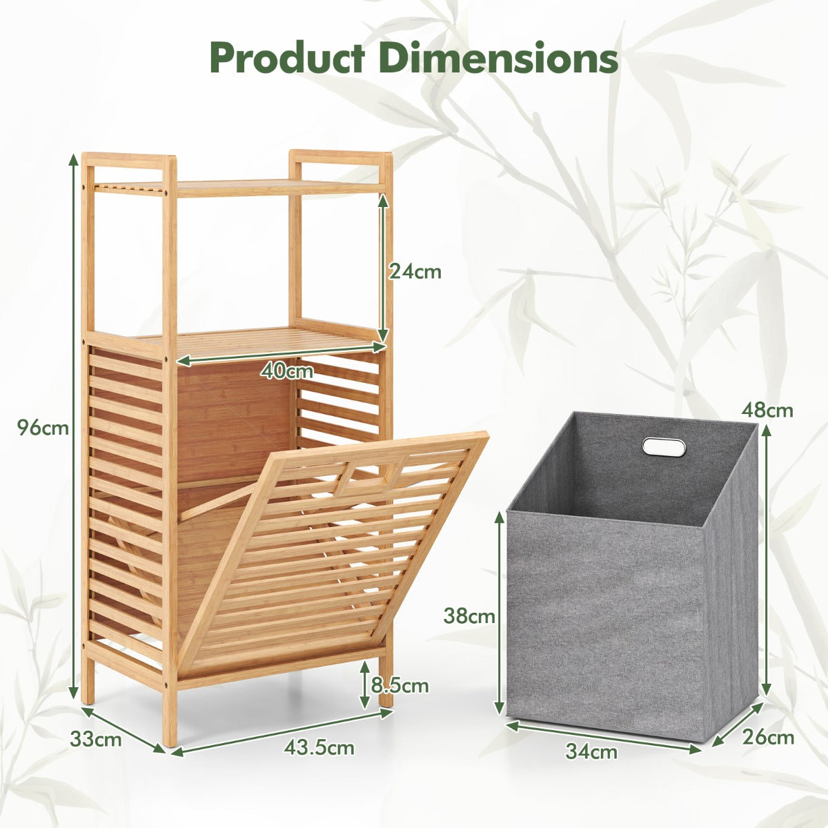 LIVSK Uitklapbare Wasmand met Bamboe Plank - 2 Opbergruimtes - Uitneembare Binnenmand - Voor Badkamer - 43,5 x 33 x 96 cm -