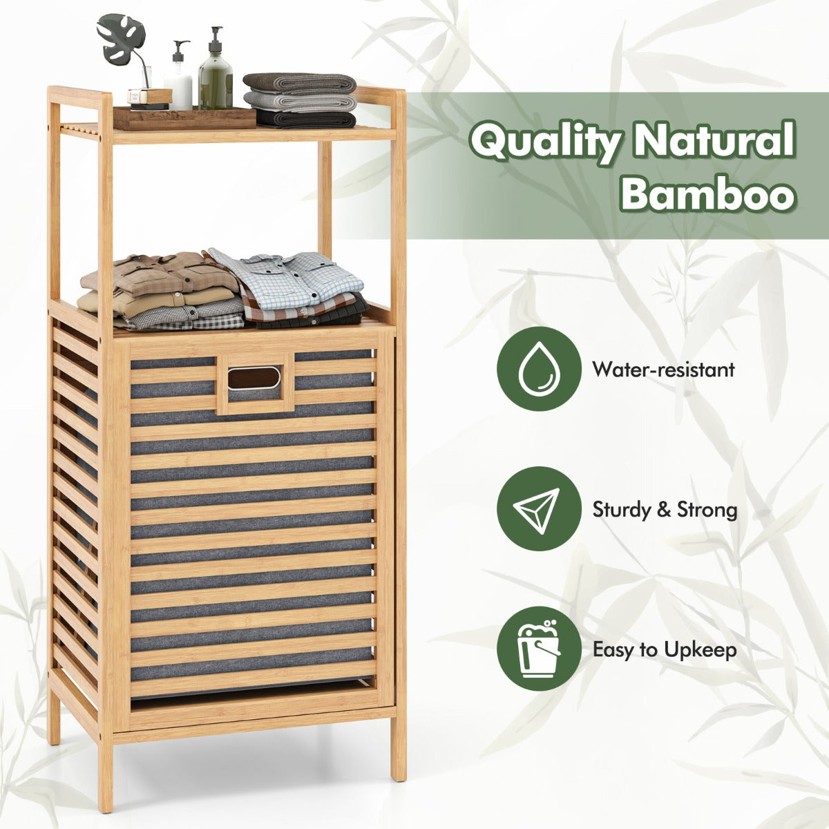 LIVSK Uitklapbare Wasmand met Bamboe Plank - 2 Opbergruimtes - Uitneembare Binnenmand - Voor Badkamer - 43,5 x 33 x 96 cm -