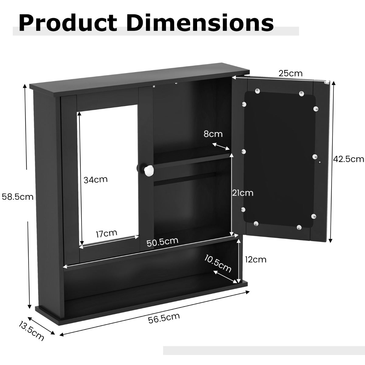LIVSK Badkamerkast met Spiegel - Verstelbare Plank - Modern en Duurzaam - Eenvoudig te Monteren - 56,5 x 13,5 x 58,5 cm - Zwart