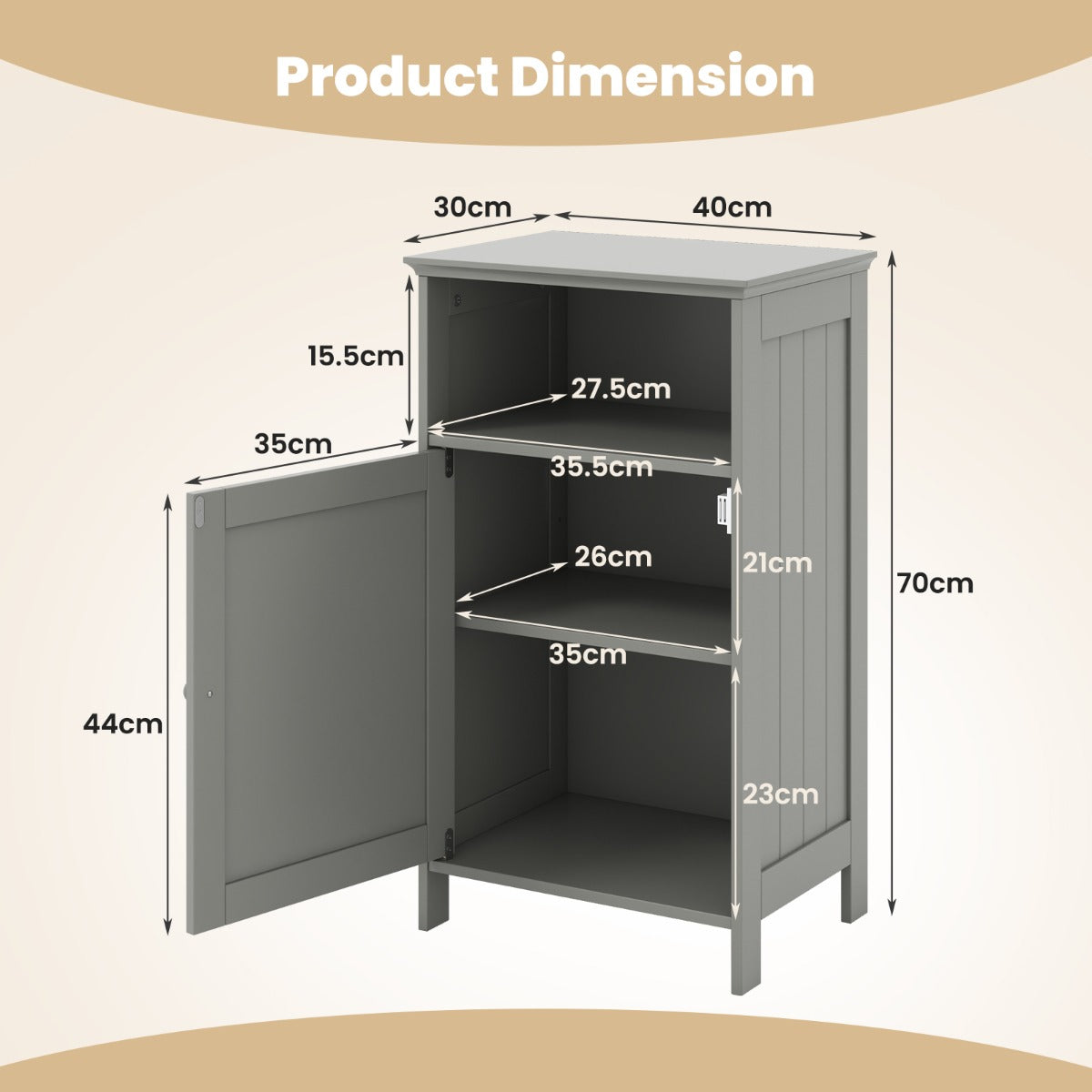 LIVSK Moderne Vloerkast - 3 Verstelbare Planken - Elegant Design - MDF - Voor Badkamer, Keuken, Woonkamer - Grijs
