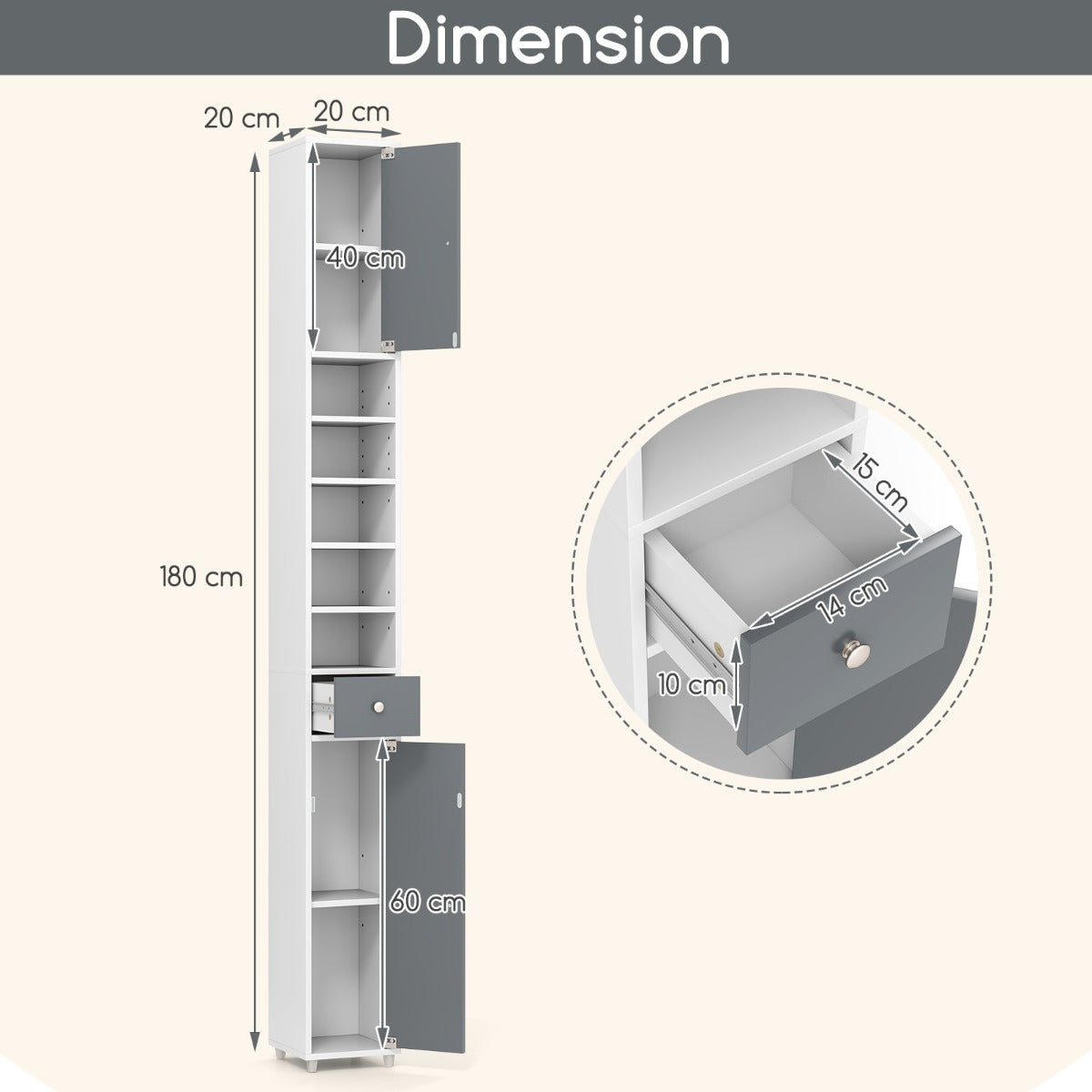 LIVSK Badkamerkast Smal - 2 Deuren - 5 Verstelbare Planken - Lade - Kantelbeveiliging - 20 x 20 x 180 cm - Wit + Grijs