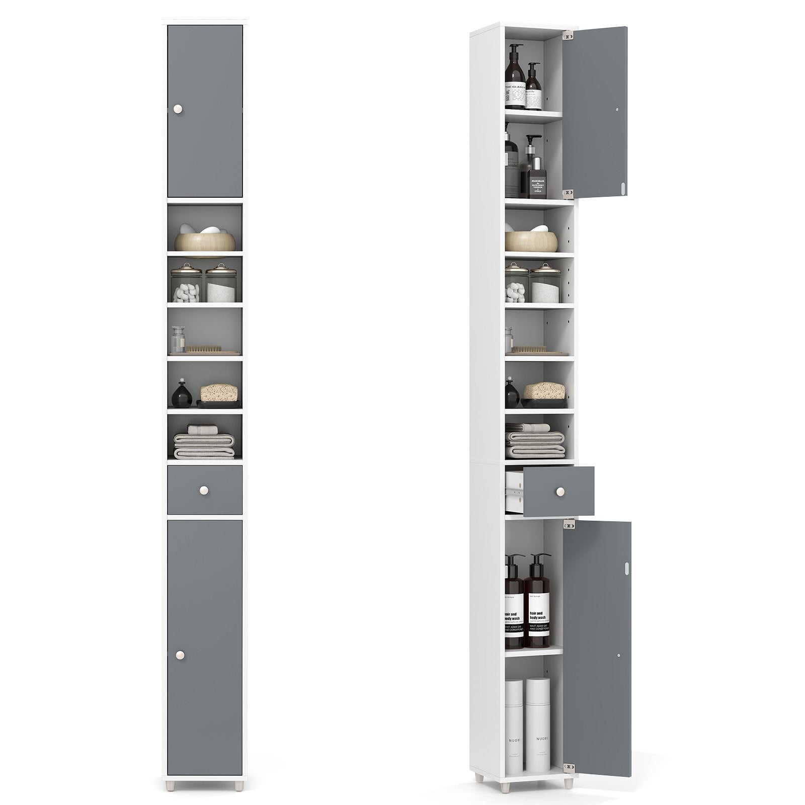 LIVSK Badkamerkast Smal - 2 Deuren - 5 Verstelbare Planken - Lade - Kantelbeveiliging - 20 x 20 x 180 cm - Wit + Grijs