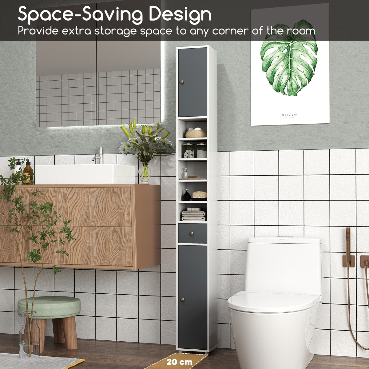 LIVSK Badkamerkast Smal - 2 Deuren - 5 Verstelbare Planken - Lade - Kantelbeveiliging - 20 x 20 x 180 cm - Wit + Grijs