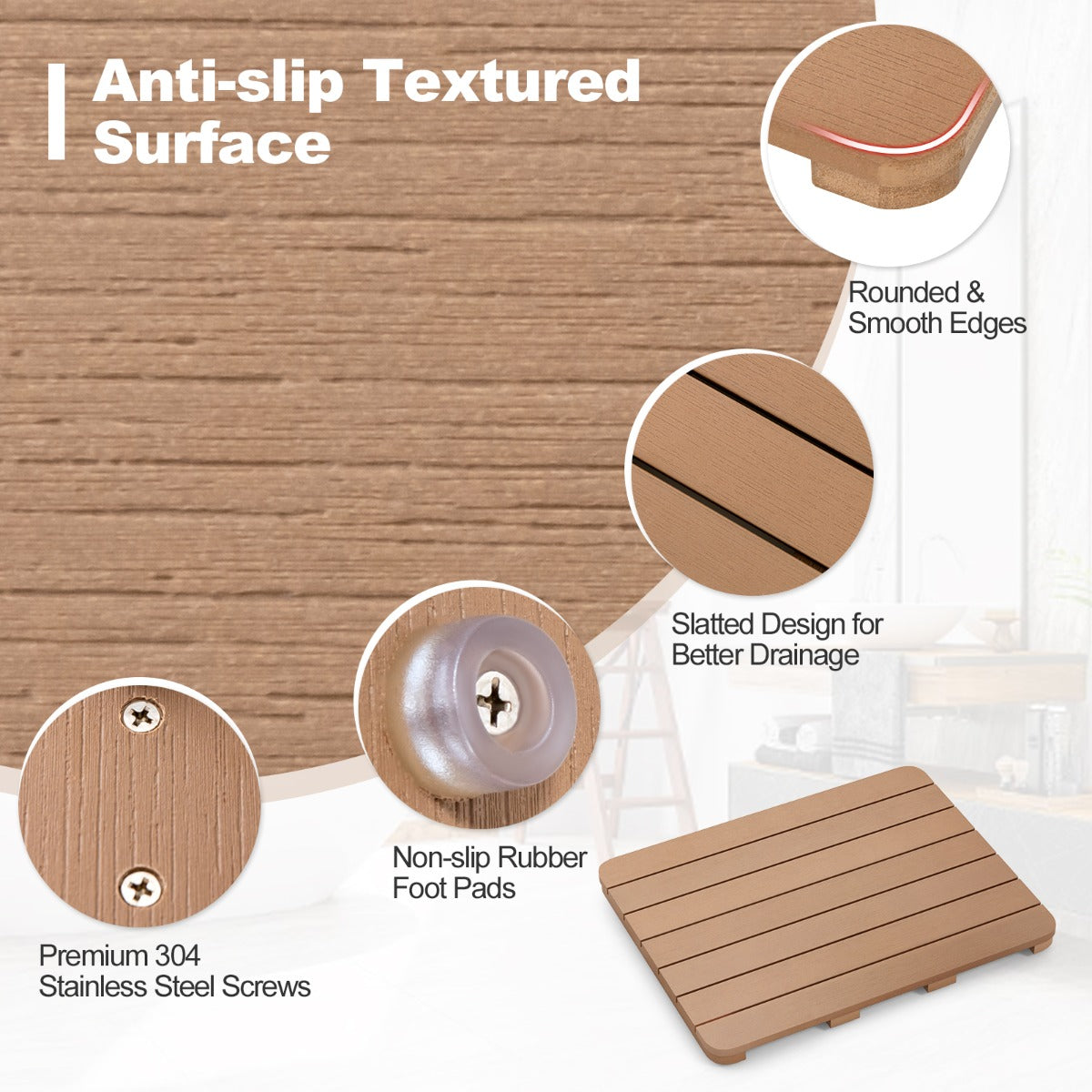 LIVSK Waterdichte Douchemat van HIPS - Antislip met Roestvrijstalen Schroeven - Voor Binnen en Buiten - 60 x 48 x 4,5 cm -