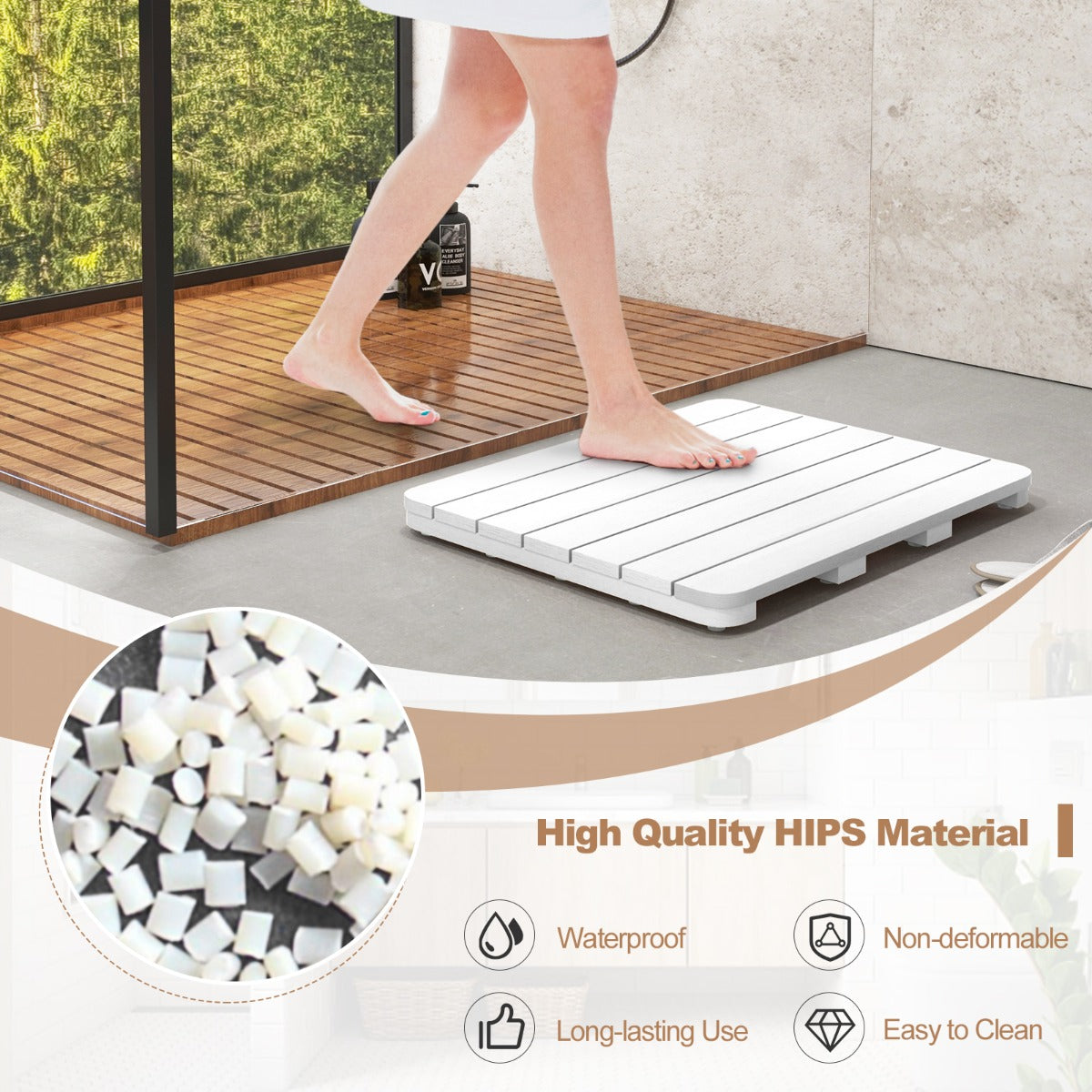 LIVSK Bad- en Douchemat van HIPS - Waterdicht en Antislip - Voor Binnen en Buiten - Tot 150 kg - 60 x 48 x 4,5 cm - Bruin/Wit