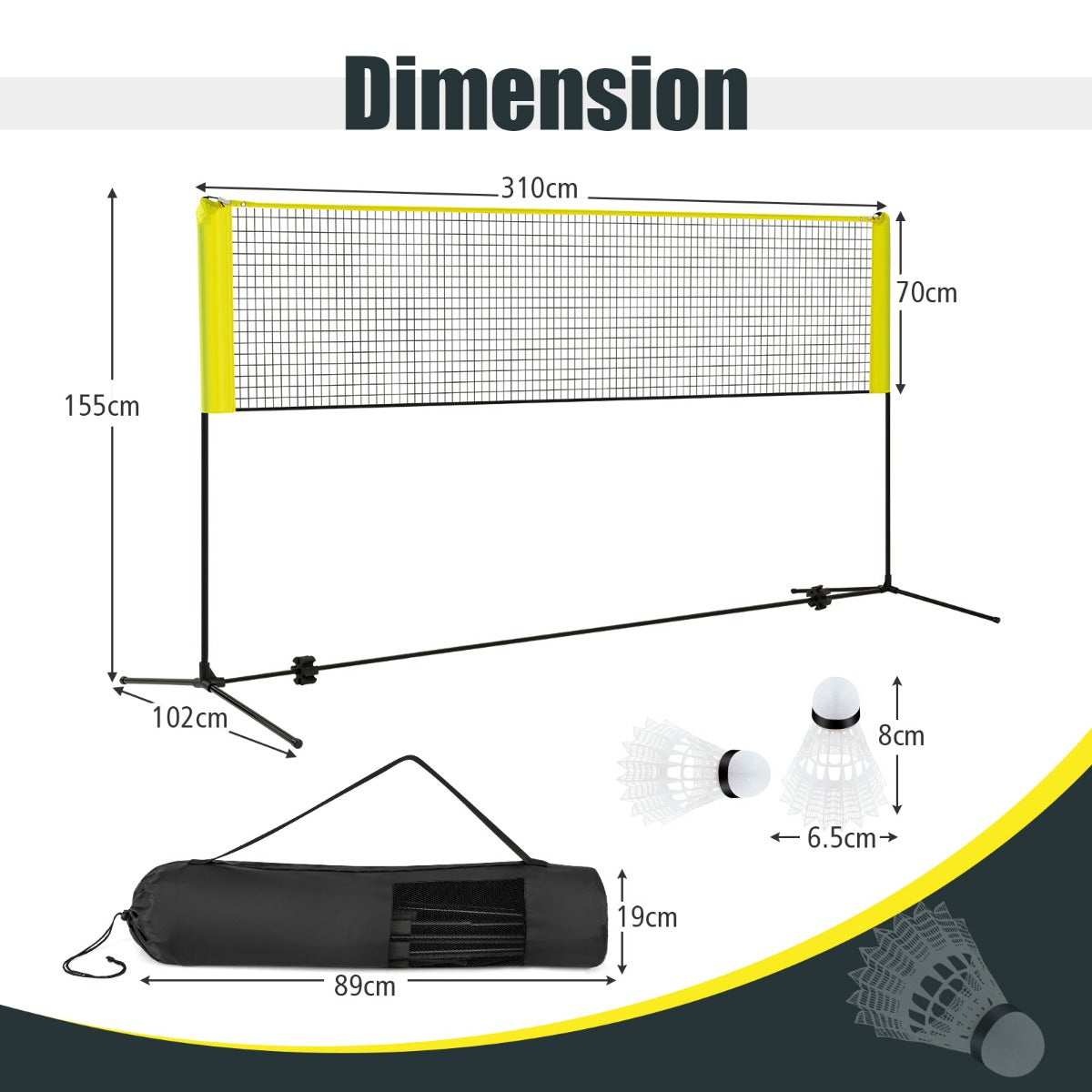 Livsk costway badmintonnet met standaard badmintonnet in hoogte verstelbaar met 2 shuttles draagbare netstandaard geel 1