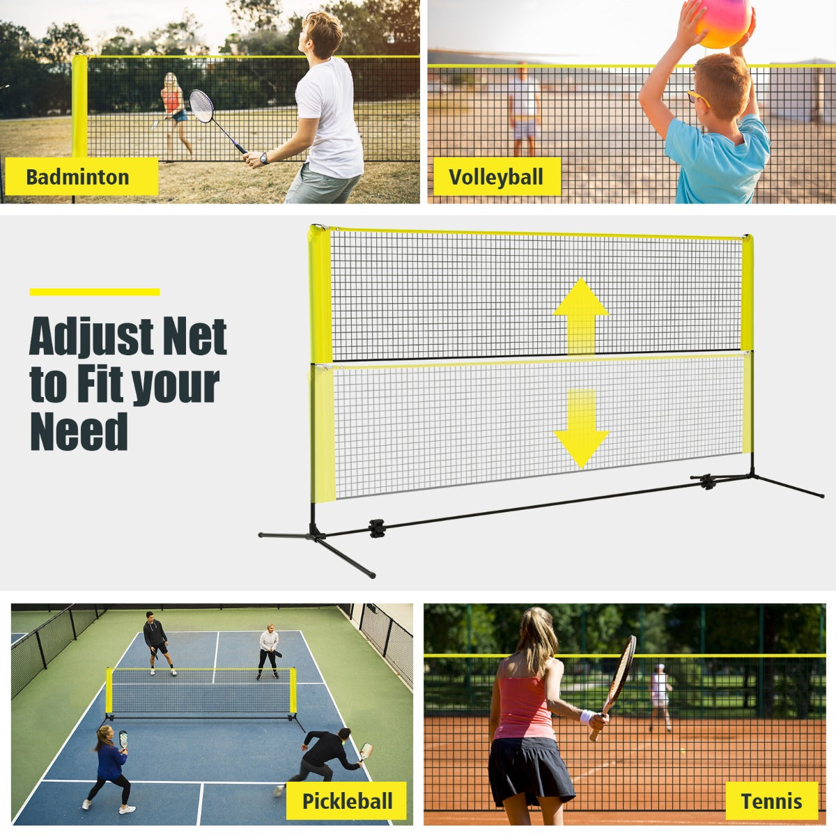 Livsk costway badmintonnet met standaard badmintonnet in hoogte verstelbaar met 2 shuttles draagbare netstandaard geel