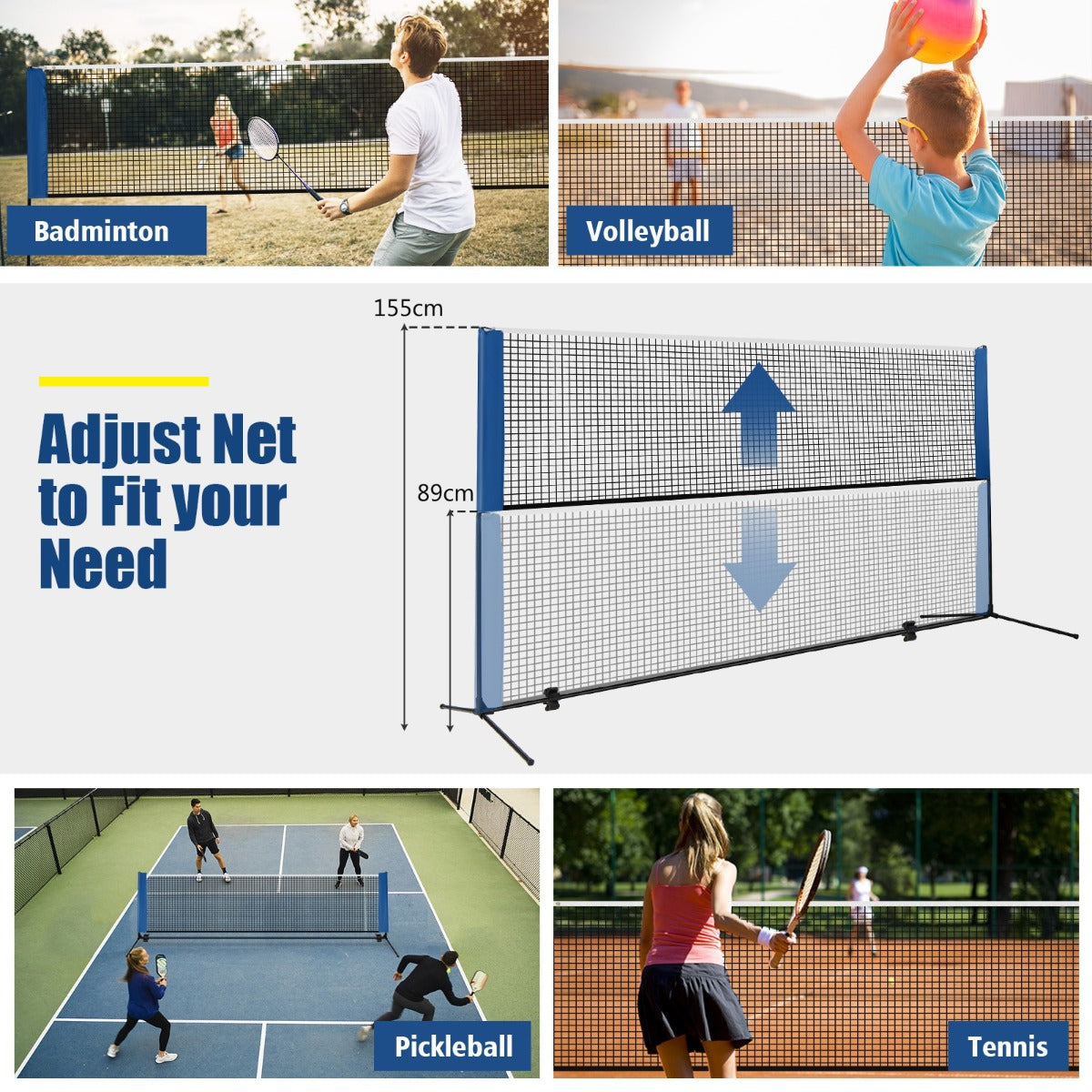 LIVSK Verstelbare Badmintonnetset - Hoogte Verstelbaar - Inclusief Draagtas en 2 Shuttles - Eenvoudig Opzetten - Blauw