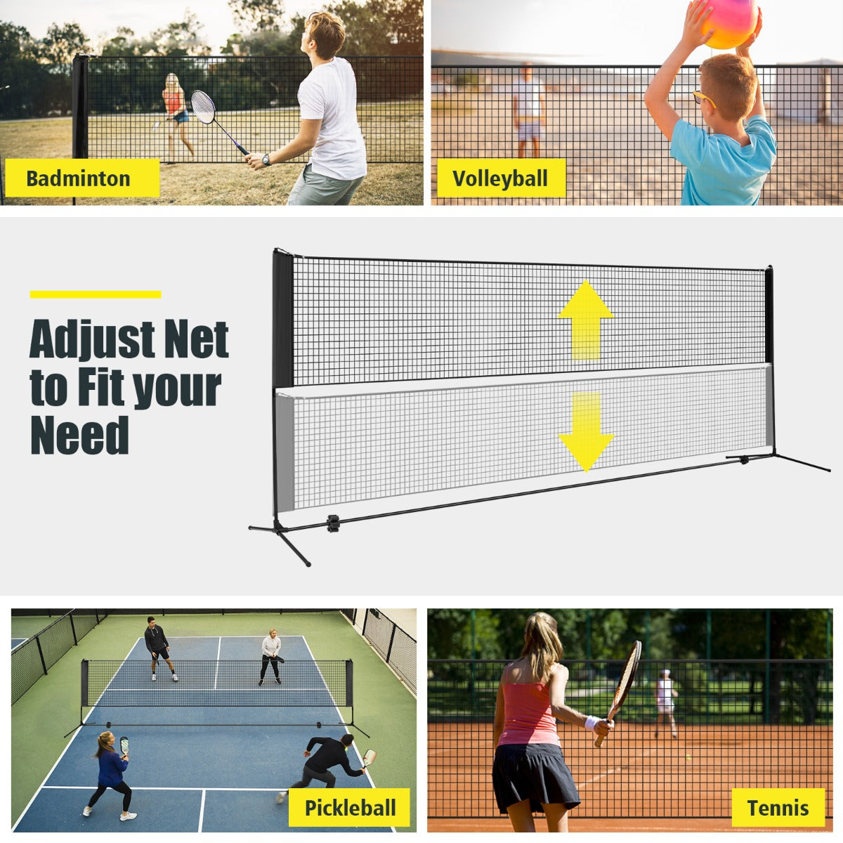 Livsk costway badmintonnet met standaard badmintonnet in hoogte verstelbaar met 2 shuttles en draagtas draagbare netstandaard buiten blauw zwart geel zwart