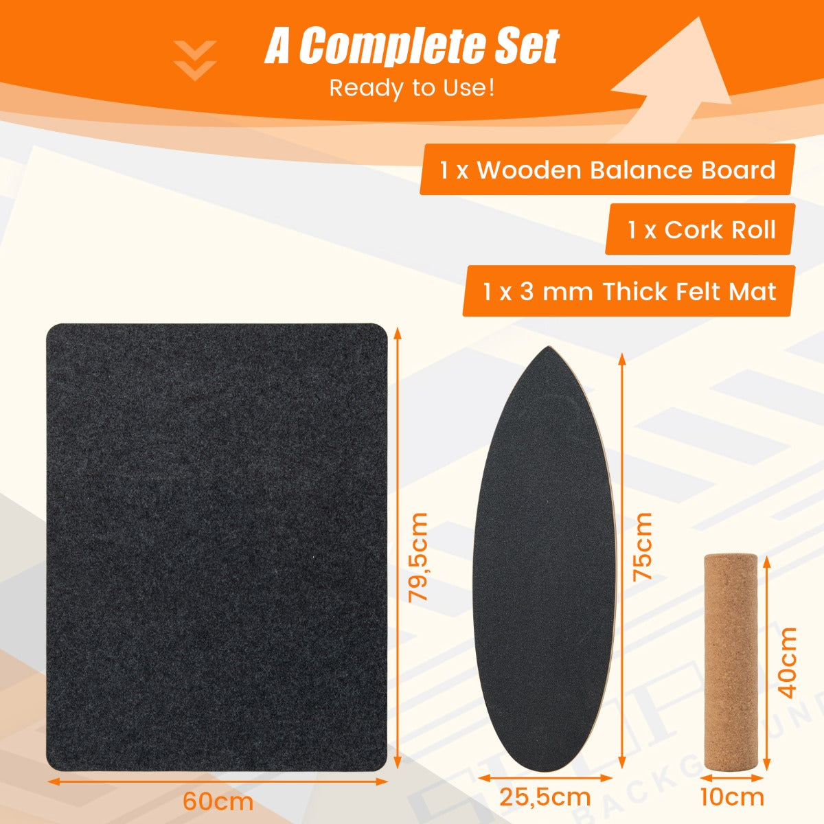 LIVSK Balanceerplank Kit - Inclusief Kurkrol en Vilten Mat - Tot 100 kg - Duurzaam 8-laags Hardhout - Zwart + Natuurlijk