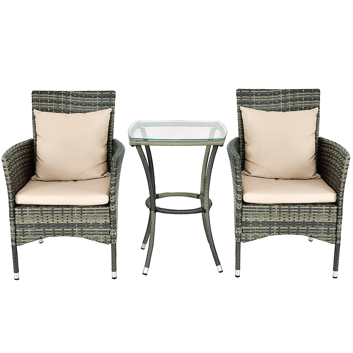 LIVSK Rieten Patio Meubelset - 2 Fauteuils en Tafel met Kussens - Ergonomisch en Weerbestendig - Mix Grijs - Beige