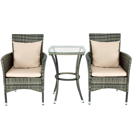 LIVSK Rieten Patio Meubelset - 2 Fauteuils en Tafel met Kussens - Ergonomisch en Weerbestendig - Mix Grijs - Beige