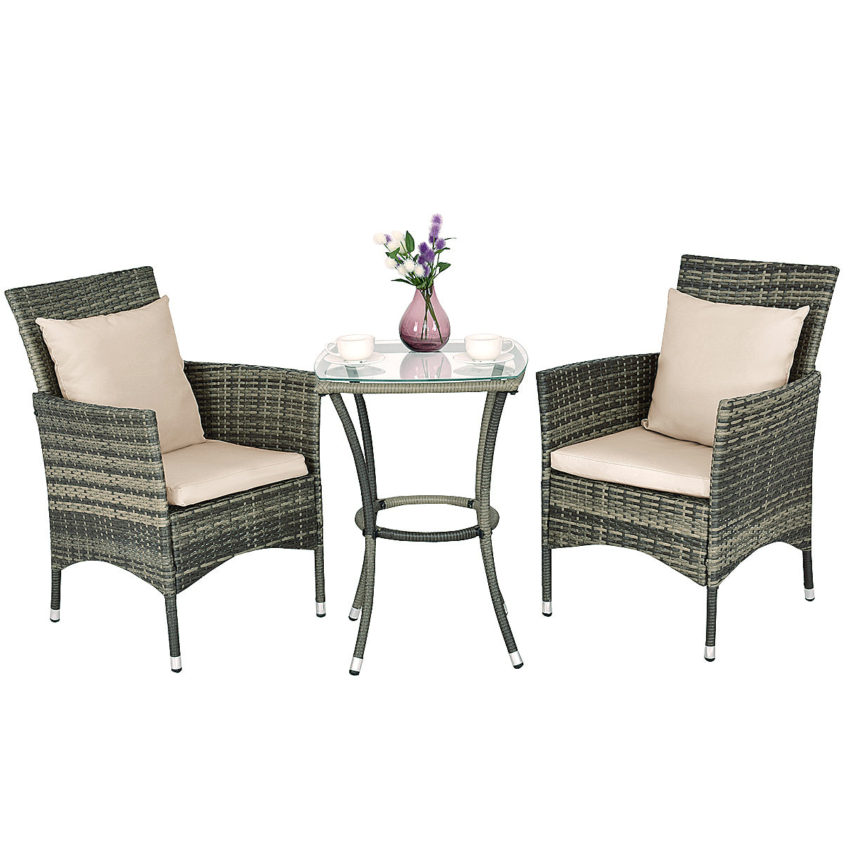 LIVSK Rieten Patio Meubelset - 2 Fauteuils en Tafel met Kussens - Ergonomisch en Weerbestendig - Mix Grijs - Beige
