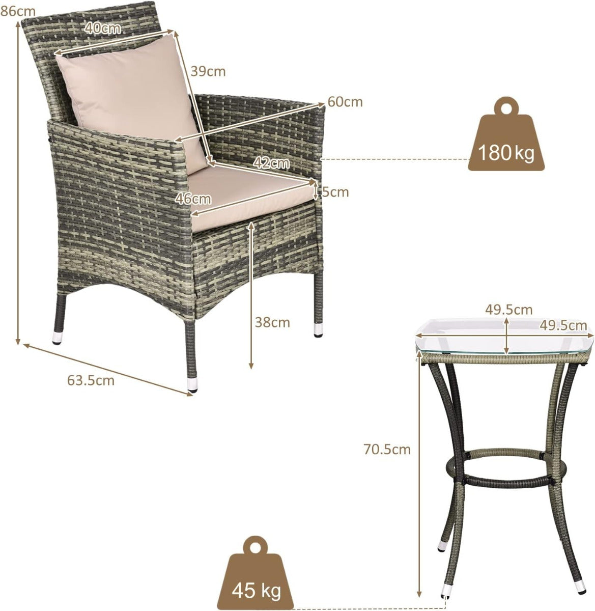 LIVSK Rieten Patio Meubelset - 2 Fauteuils en Tafel met Kussens - Ergonomisch en Weerbestendig - Mix Grijs - Beige