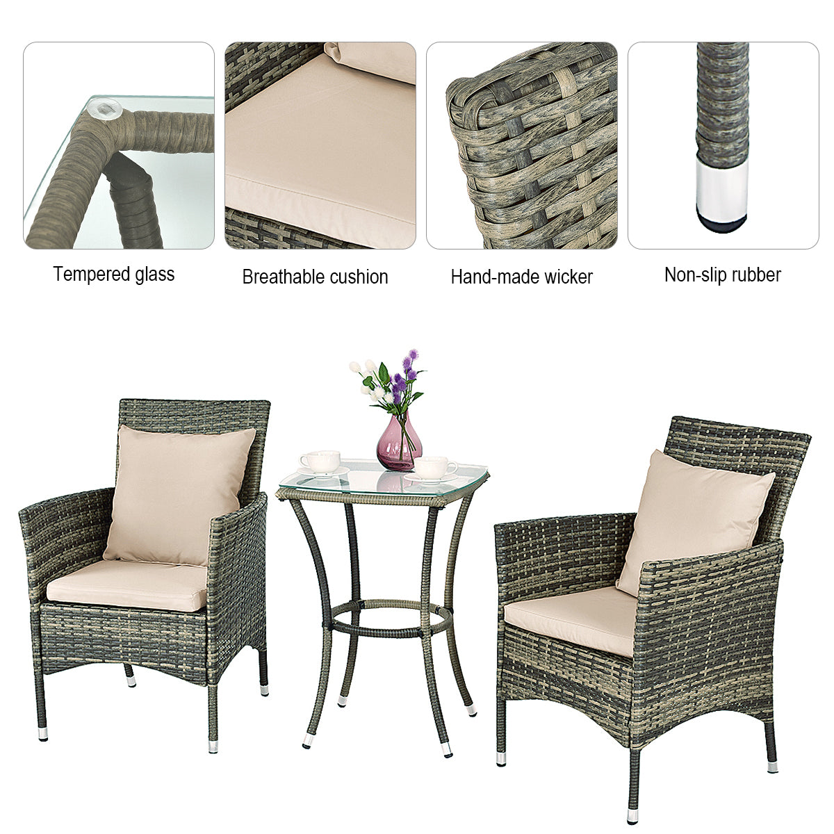 LIVSK Rieten Patio Meubelset - 2 Fauteuils en Tafel met Kussens - Ergonomisch en Weerbestendig - Mix Grijs - Beige