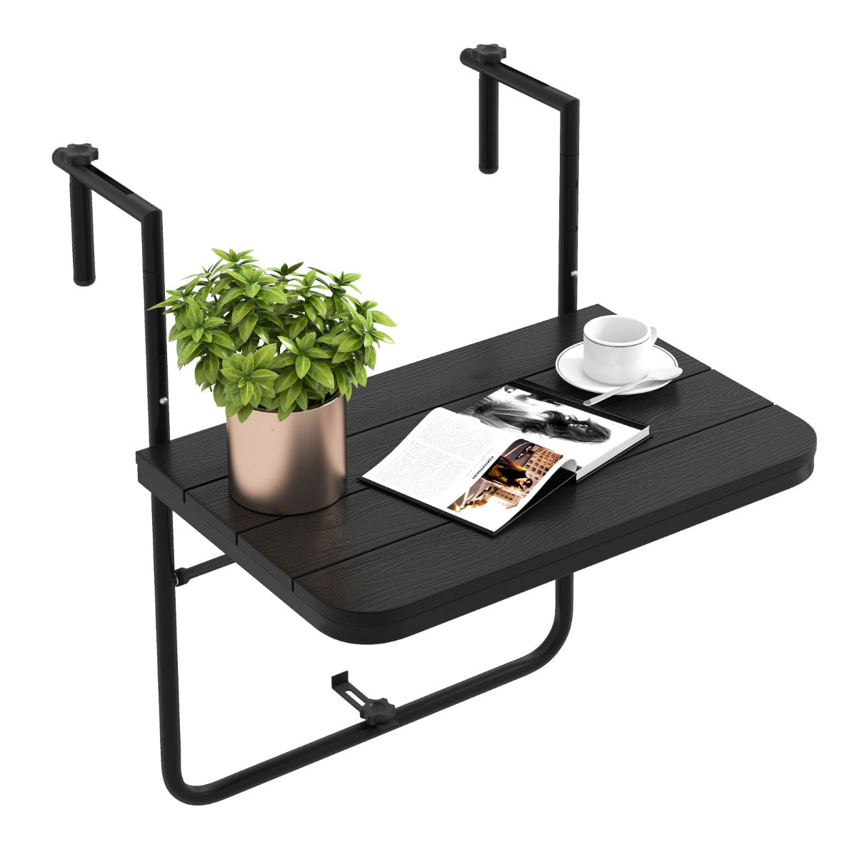 LIVSK Balkonhangtafel - Inklapbaar met 3-traps Hoogteverstelling - Geschikt voor Leuningen 3-15 cm - Waterdicht HIPS - Zwart