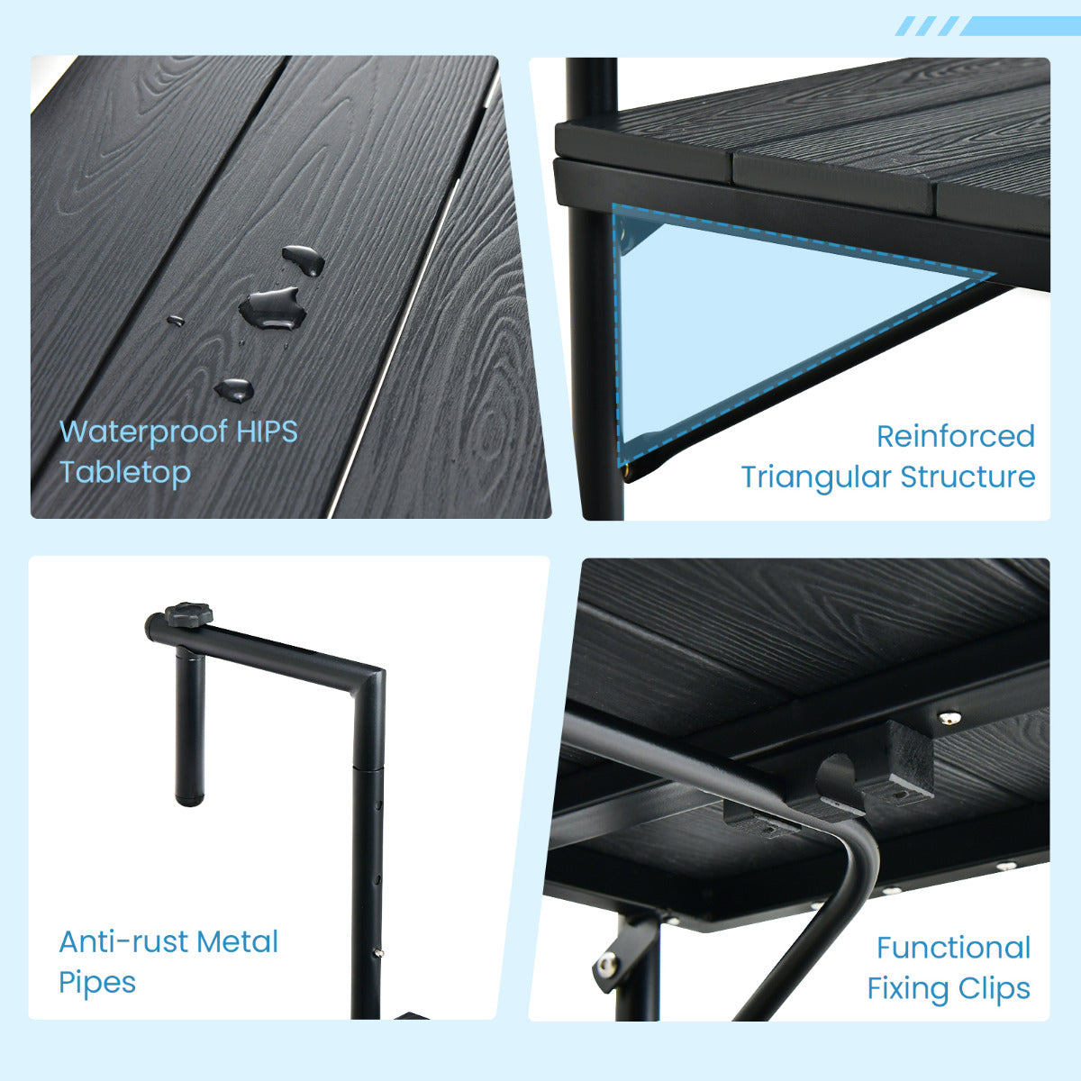 LIVSK Balkonhangtafel - Inklapbaar met 3-traps Hoogteverstelling - Geschikt voor Leuningen 3-15 cm - Waterdicht HIPS - Zwart