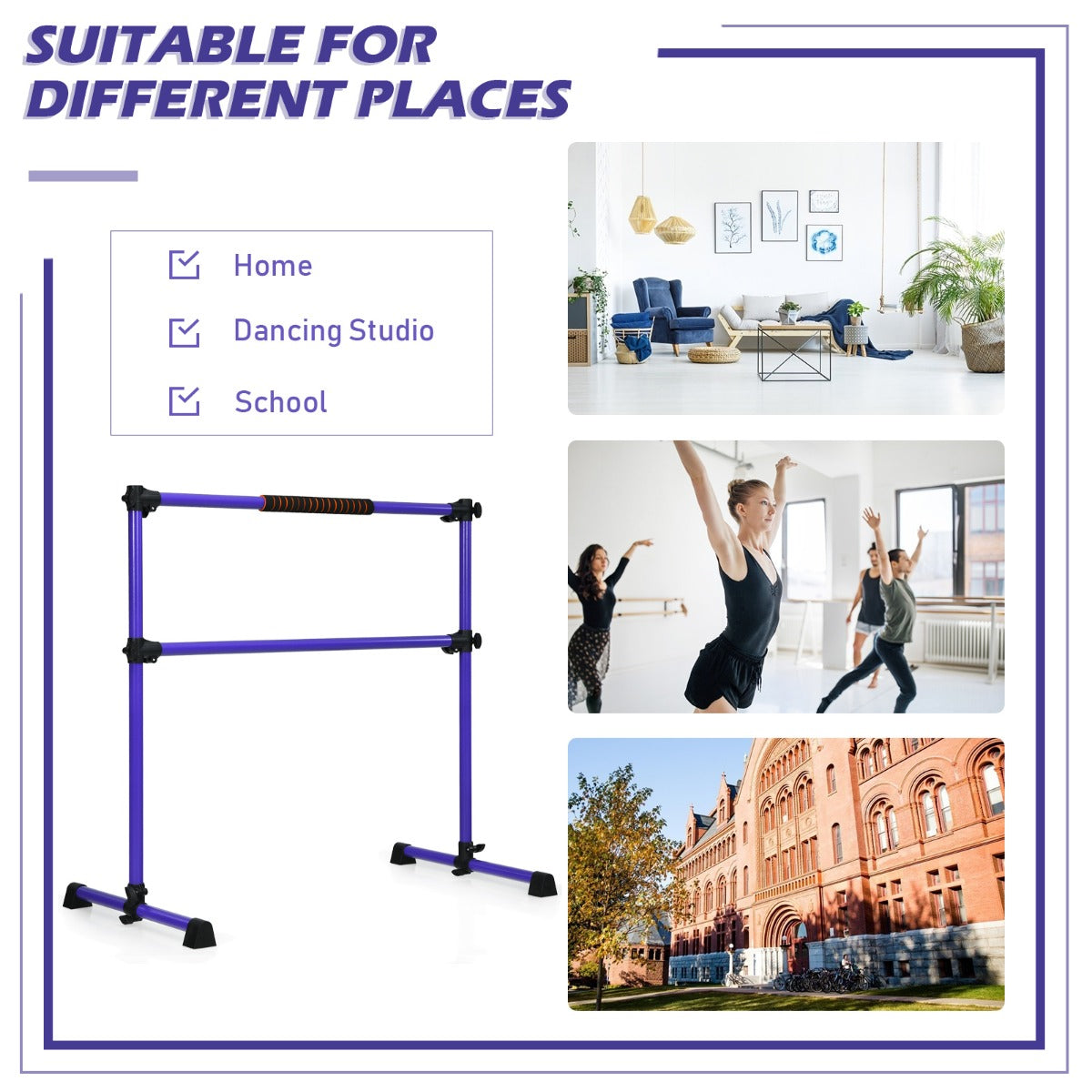 LIVSK Verstelbare Balletbarre - Draagbaar en Antislip - Voor Kinderen en Volwassenen - Tot 50 kg - 124 x 71 x 120 cm - Paars