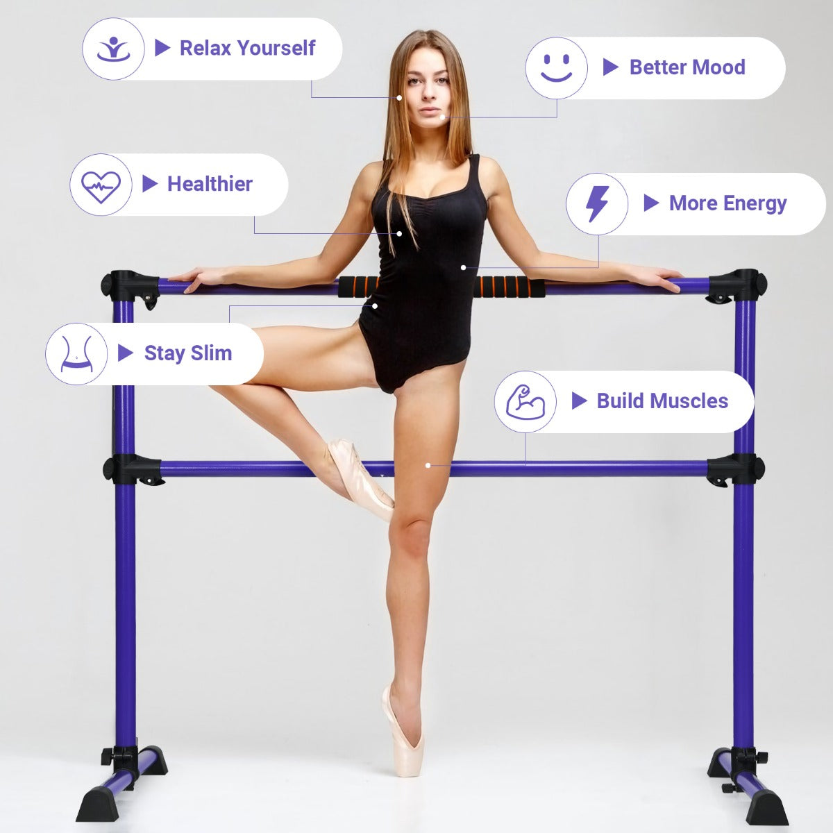 LIVSK Verstelbare Balletbarre - Draagbaar en Antislip - Voor Kinderen en Volwassenen - Tot 50 kg - 124 x 71 x 120 cm - Paars