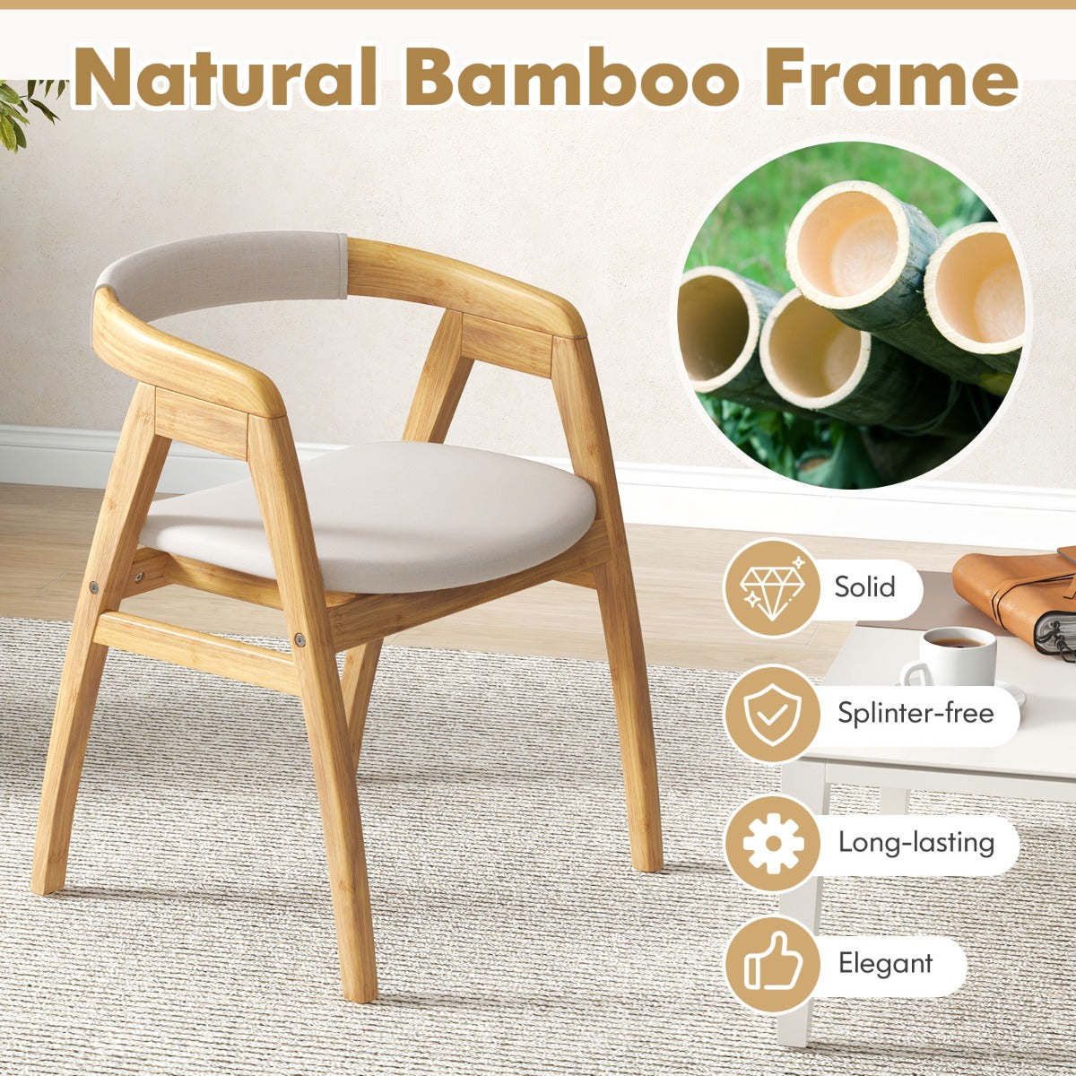 LIVSK Bamboe Loungestoel - Ergonomisch met Linnen Bekleding - Antislip - Duurzaam en Comfortabel - Tot 150 kg - Naturel