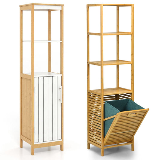 Livsk costway bamboe badkameropbergsysteem met smalle kast met deur en plank met uitschuifbare mand voor natuurlijke kleding