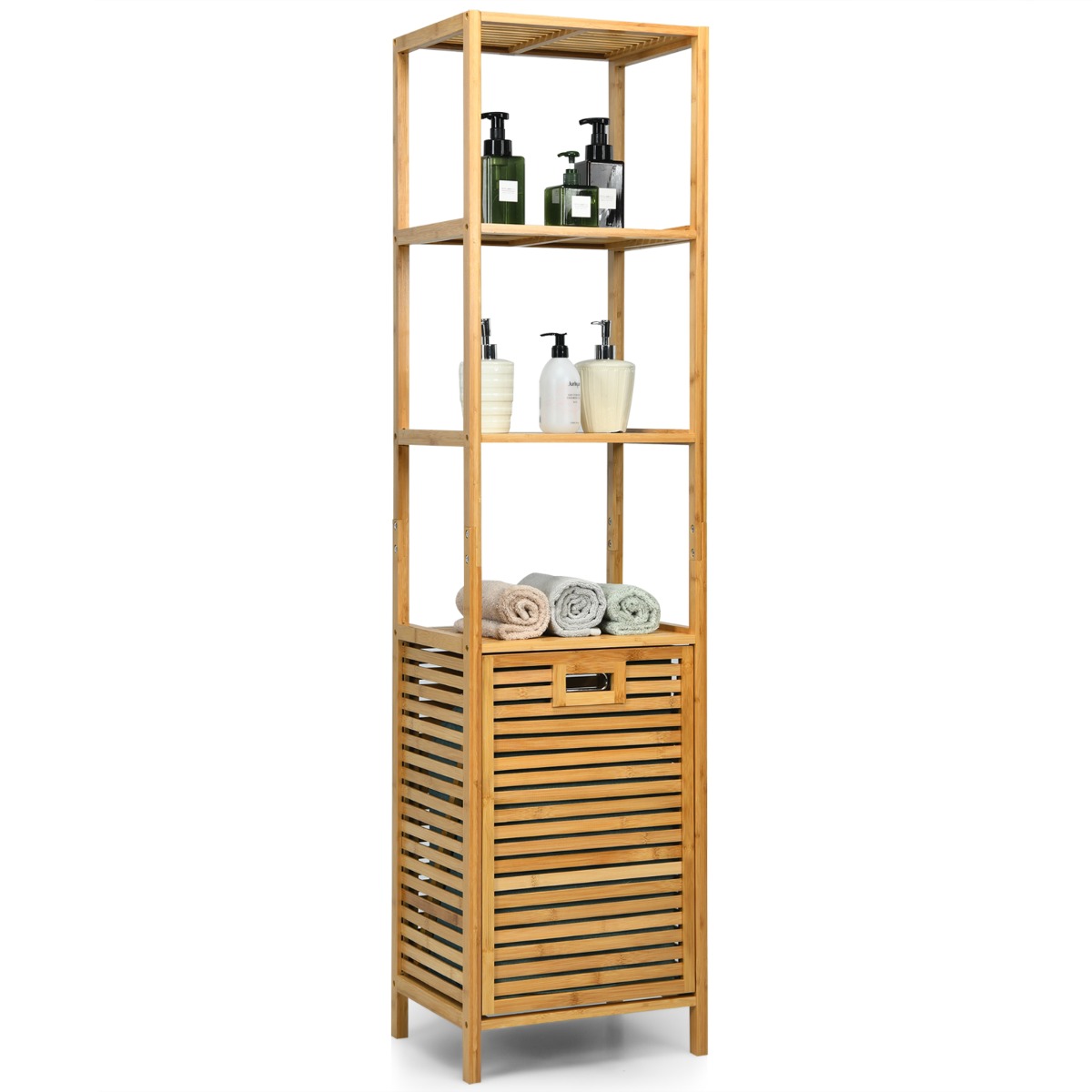 Livsk costway bamboe badkameropbergsysteem met smalle kast met deur en plank met uitschuifbare mand voor natuurlijke kleding 2