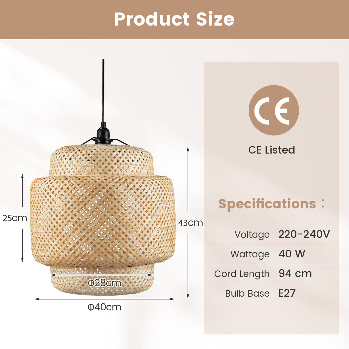 LIVSK Bamboe Hanglamp - Handgeweven Mandvorm - E27 Fitting - Verstelbaar Ophangkoord - 40 x 40 x 43 cm - Natuurlijk