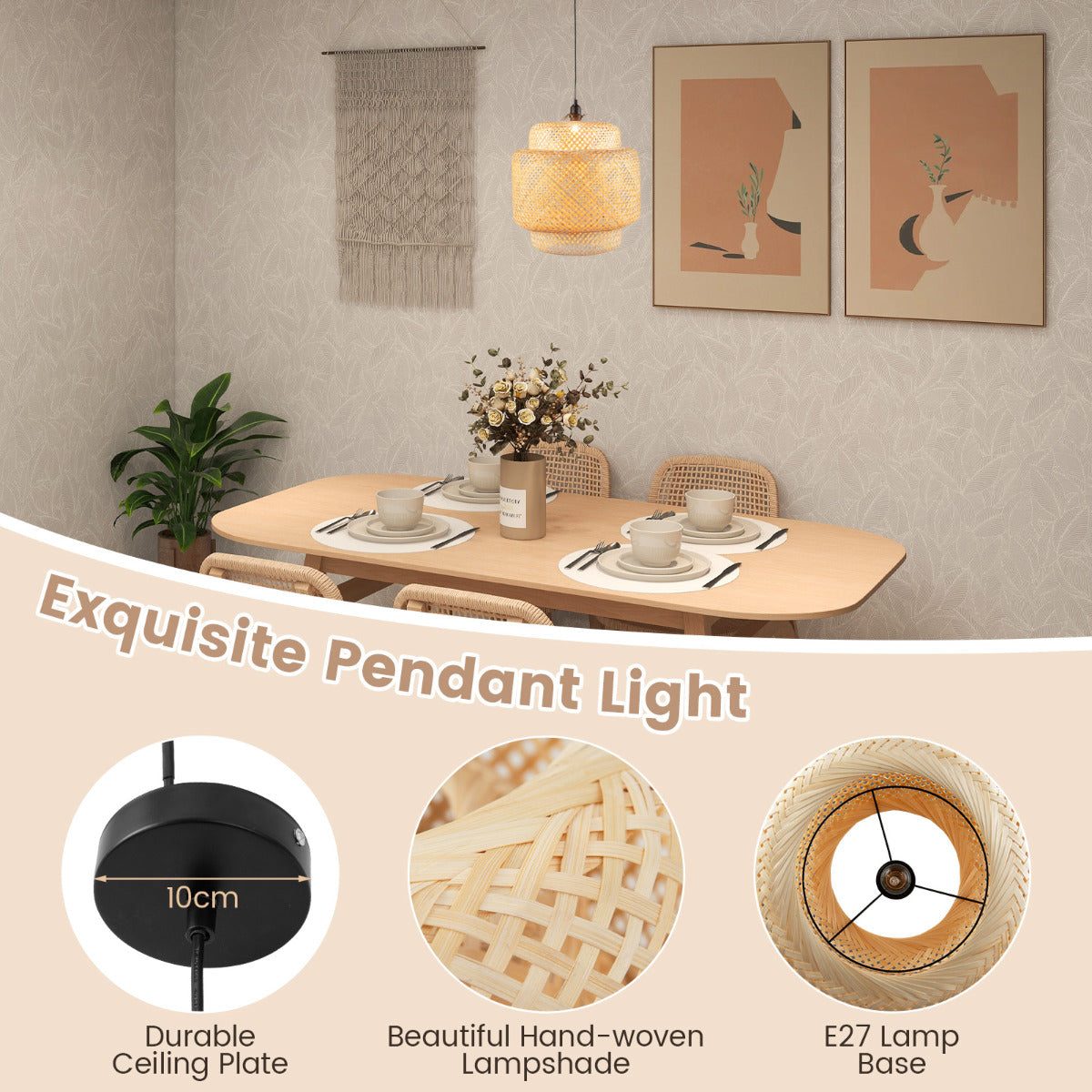 LIVSK Bamboe Hanglamp - Handgeweven Mandvorm - E27 Fitting - Verstelbaar Ophangkoord - 40 x 40 x 43 cm - Natuurlijk