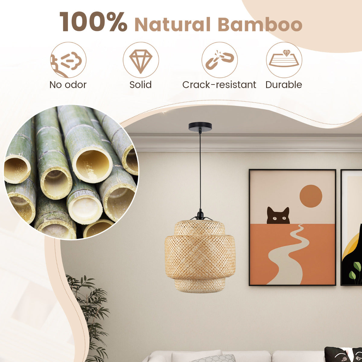 LIVSK Bamboe Hanglamp - Handgeweven Mandvorm - E27 Fitting - Verstelbaar Ophangkoord - 40 x 40 x 43 cm - Natuurlijk