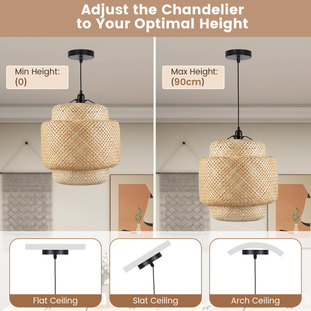 LIVSK Bamboe Hanglamp - Handgeweven Mandvorm - E27 Fitting - Verstelbaar Ophangkoord - 40 x 40 x 43 cm - Natuurlijk