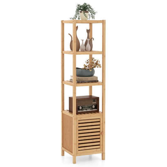 LIVSK Bamboe Opbergkast 140 cm - 4 Open Planken - Lamellendeur - Duurzaam en Veilig - Voor Badkamer en Woonkamer - Natuurlijk