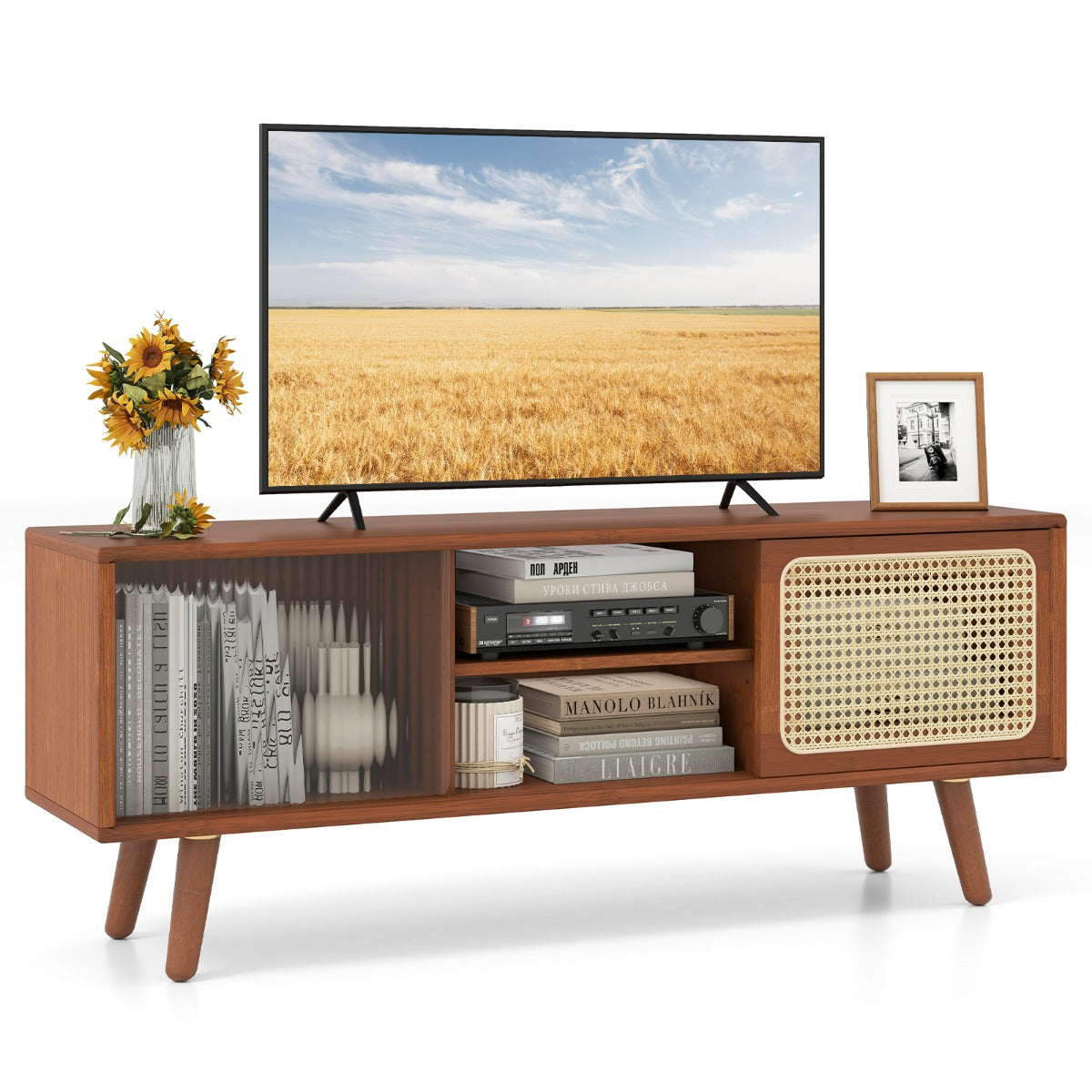 LIVSK TV-standaard voor 55 inch tv - Mid-century stijl - Bamboe met geribbeld glas - Veel opbergruimte - 120,5 x 31 x 45,5 cm -