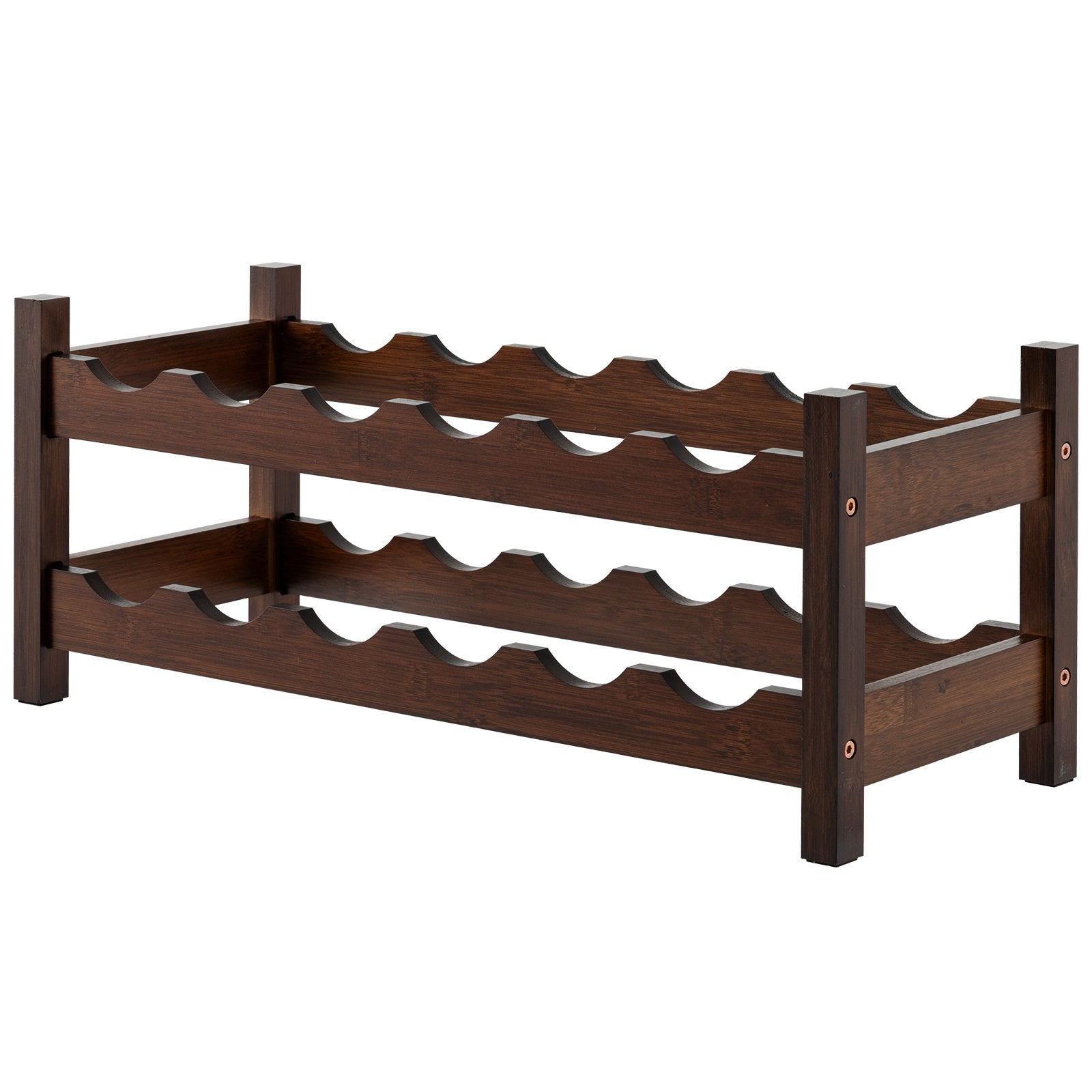 LIVSK 2-laags Bamboe Wijnrek voor 12 Flessen - Compact en Stijlvol - Antislip - Hellend Ontwerp - 24 x 60,5 x 25 cm - Bruin