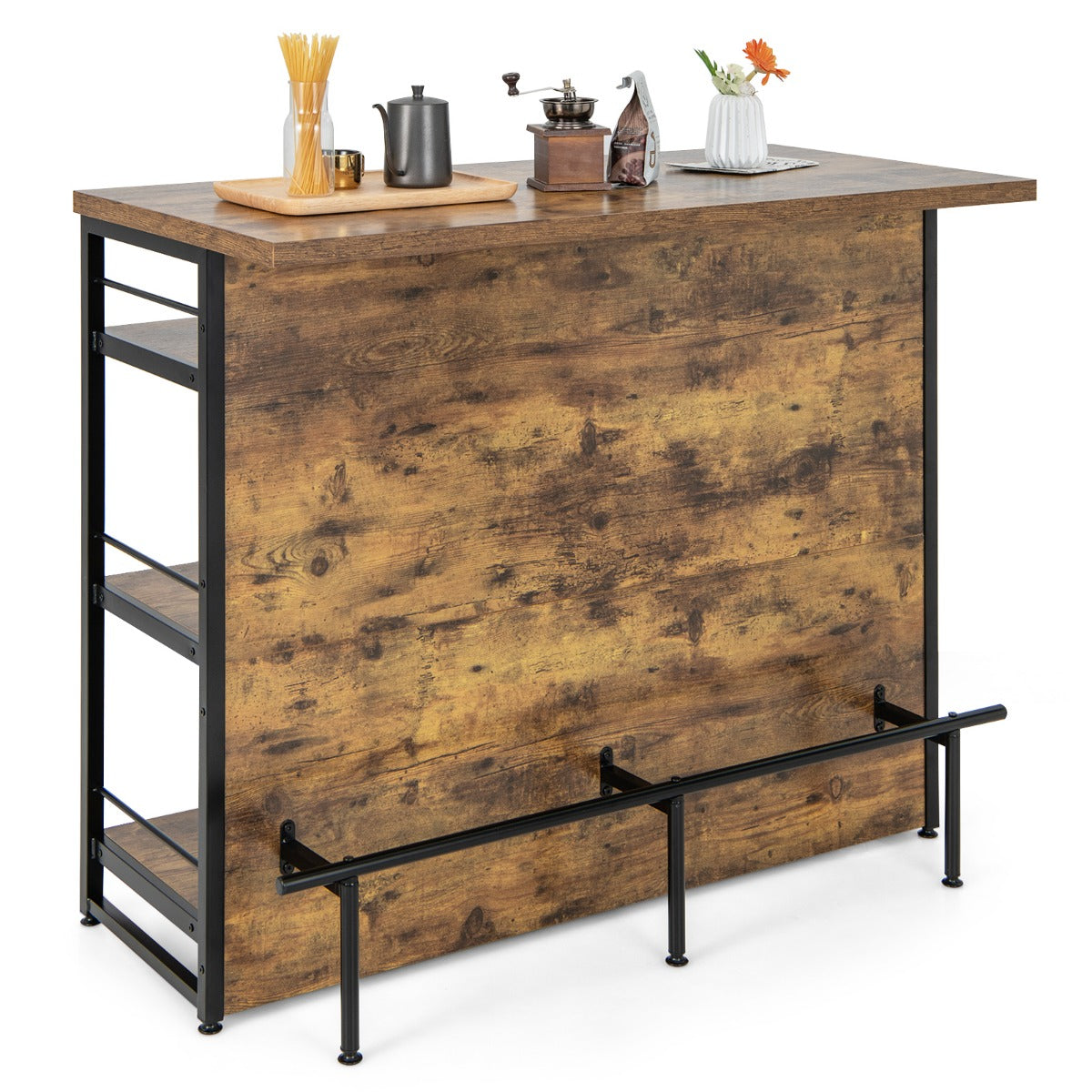 Livsk costway bar set voor thuis 4 level bartafel met wijnopslag en 2 barkrukken met voetsteunen industriele stijl 1 1