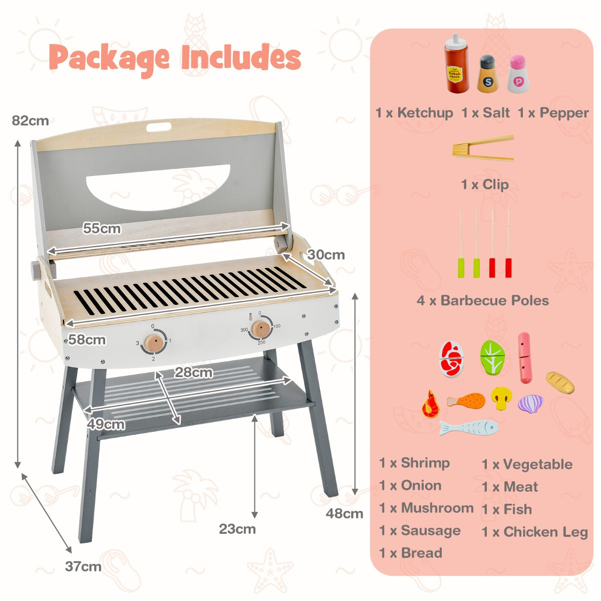 LIVSK Speelgoedgrillset - 18 Onderdelen - Realistische Kookervaring - Interactief Ontwerp - Veilig en Stabiel - 65 x 37 x 82 cm -