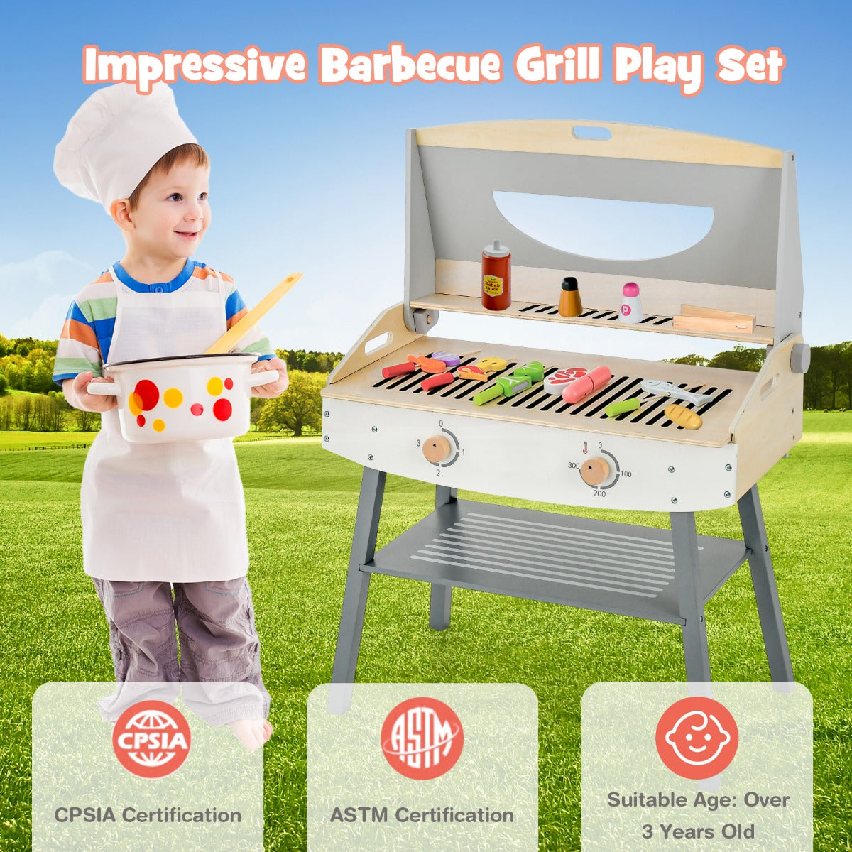 LIVSK Speelgoedgrillset - 18 Onderdelen - Realistische Kookervaring - Interactief Ontwerp - Veilig en Stabiel - 65 x 37 x 82 cm -