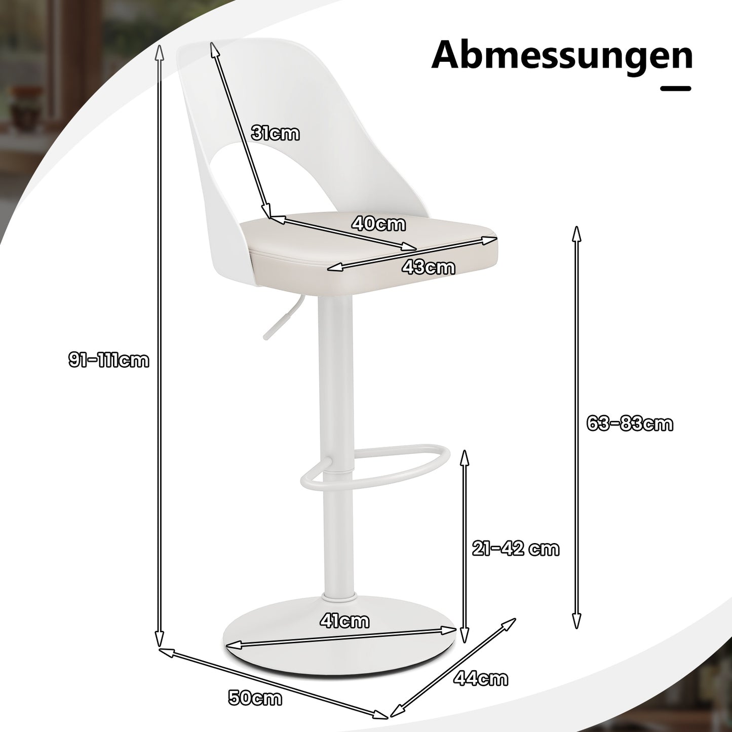 LIVSK Verstelbare Barkrukken Set van 2 - Ergonomische Rugleuning - 360° Draaifunctie - Waterdicht - Tot 125 kg - Wit