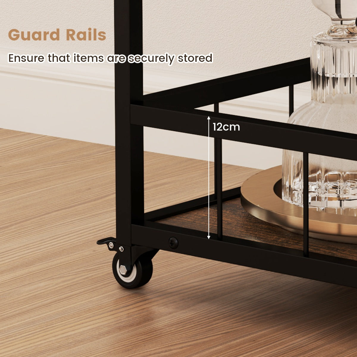 LIVSK Industriële Serveerwagen op Wielen - Afneembaar Dienblad - Wijnrek en Glashouders - 3 Planken - Tot 80 kg - Rustiek bruin