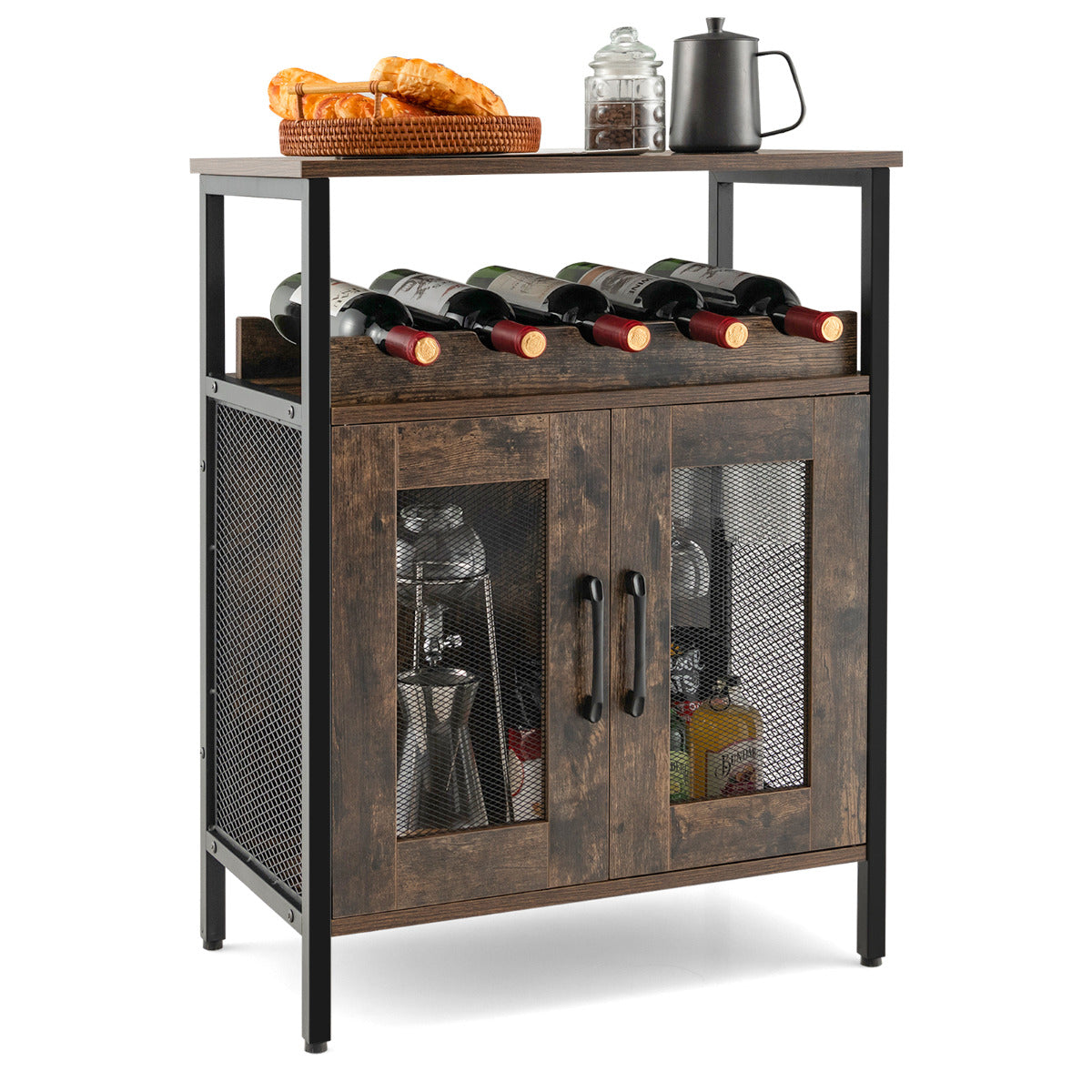 LIVSK Wijnkast met Verwijderbaar Wijnrek en Glashouders - Stevig Metaal en Hout - Industrieel Design - 60 x 34 x 79 cm - Rustiek